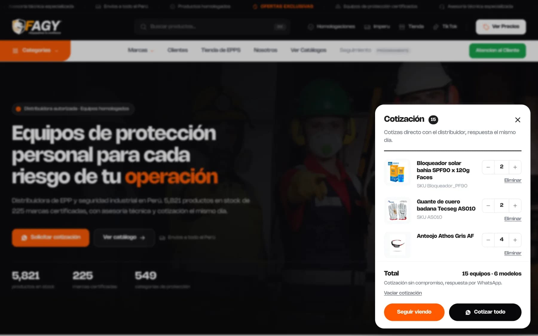Panel de cotización de fagy.com.pe con seis modelos cargados y sus cantidades