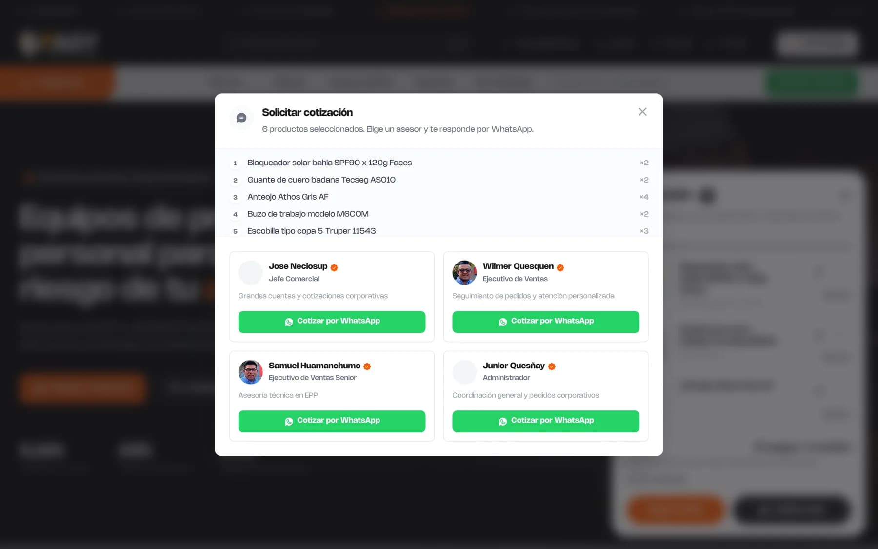 Ventana de solicitud de cotización de fagy.com.pe con el detalle del pedido y los asesores disponibles