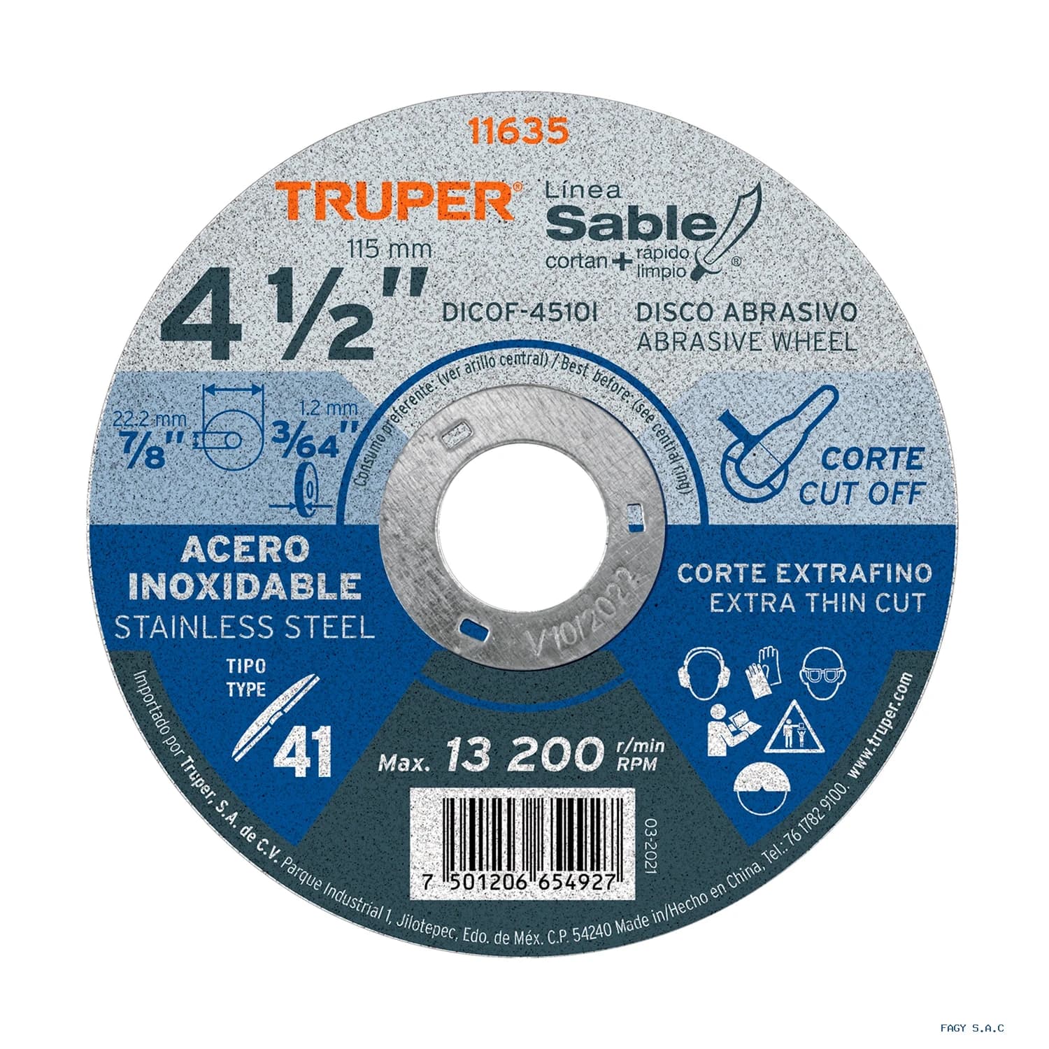 Disco Tipo 41 de 4-1/2" x 1 mm corte fino acero inox, Sable 11635 DICOF-4510I