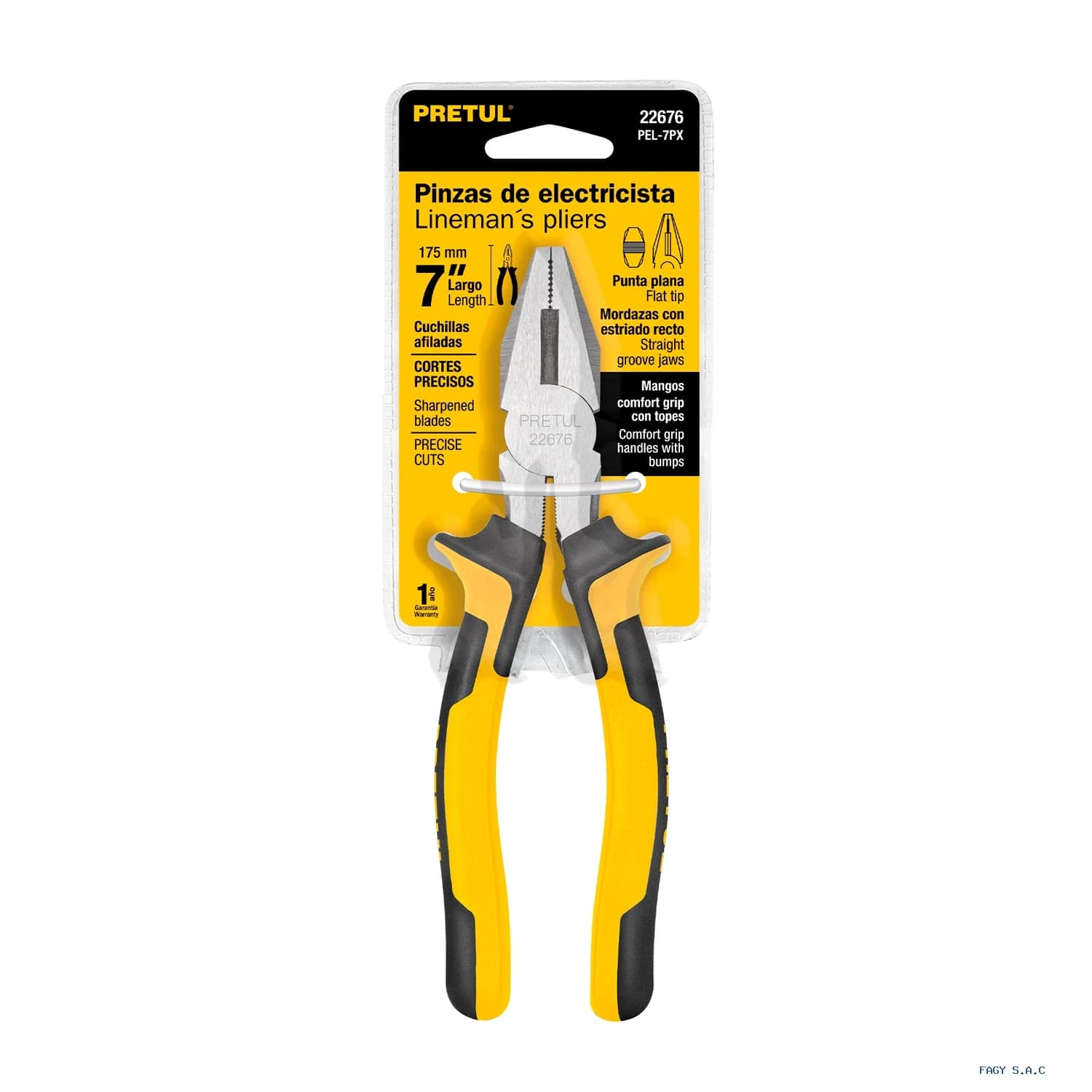 Alicate pinza para electricista 7" mango Comfort Grip, Pretul 22676