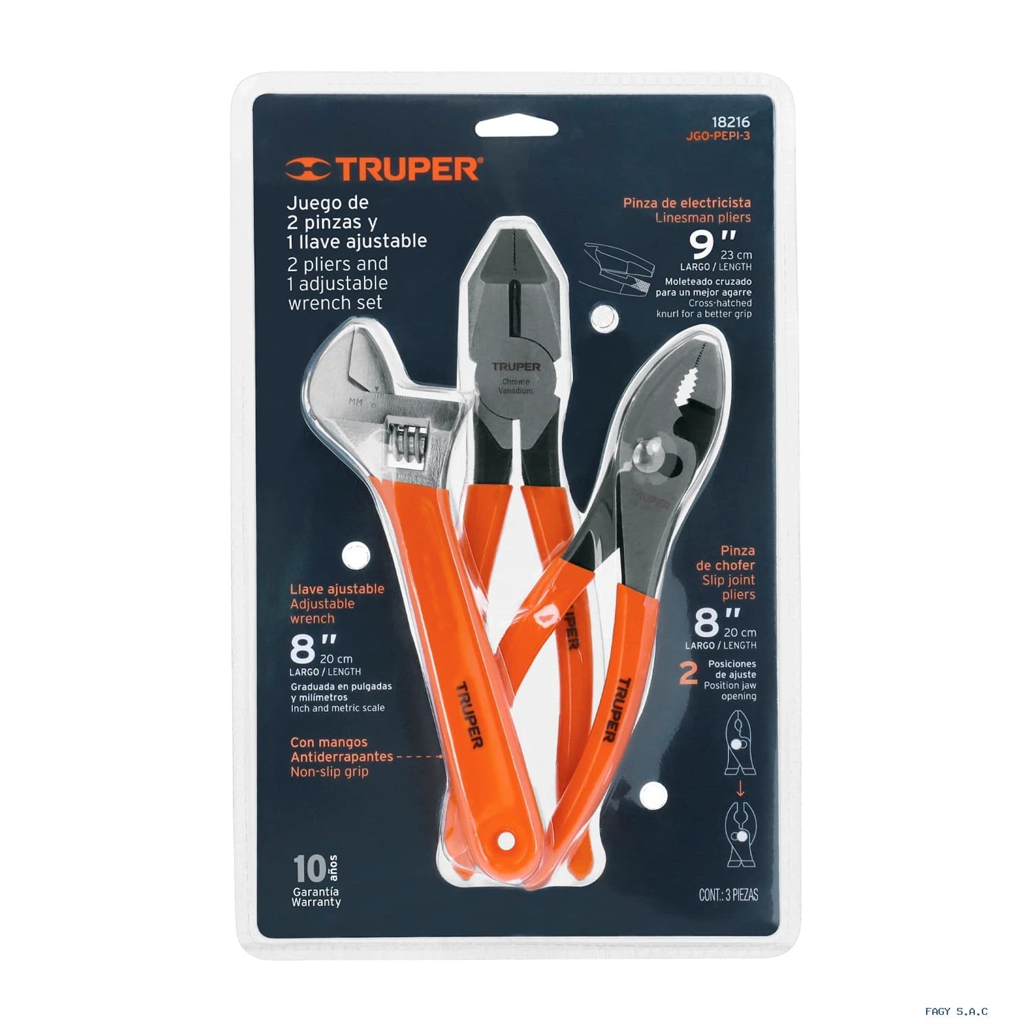 Juego con 2 alicates/pinzas y 1 llave ajustable mango de PVC, Truper 18216