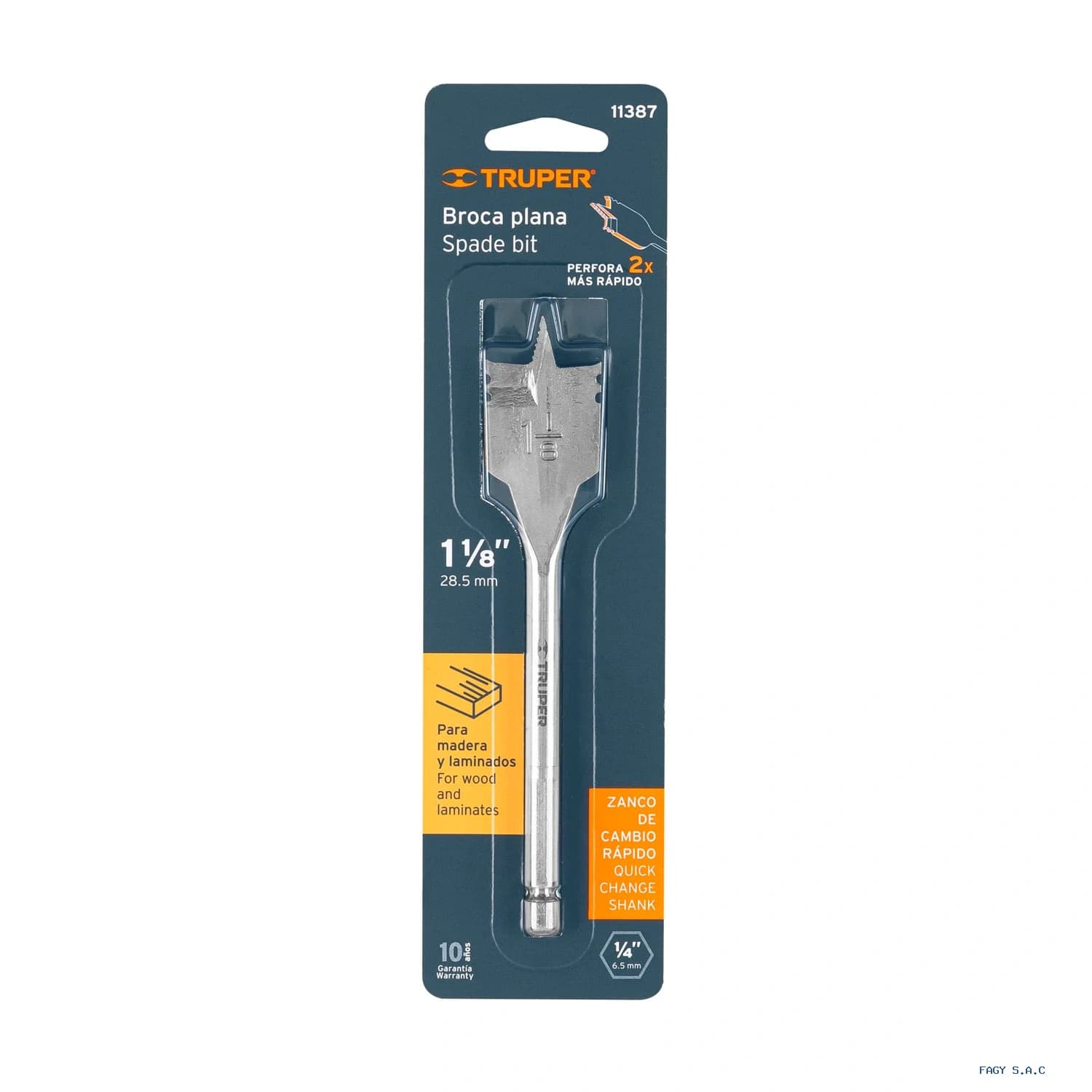 Broca plana de manita 1-1/8" para madera, Truper 11387