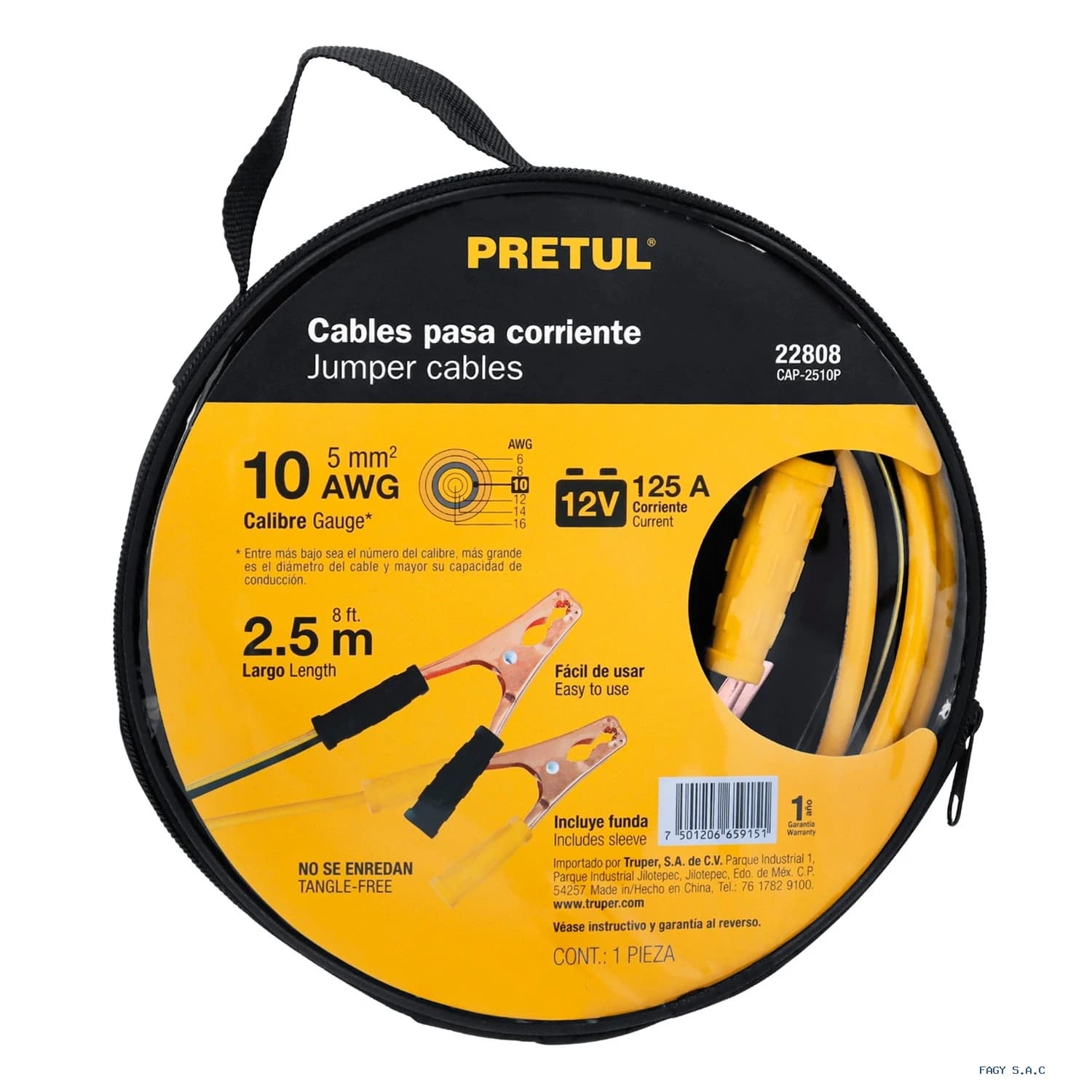Cables pasa corriente 2.5m, 125 A, 10 AWG, con funda, Pretul 22808