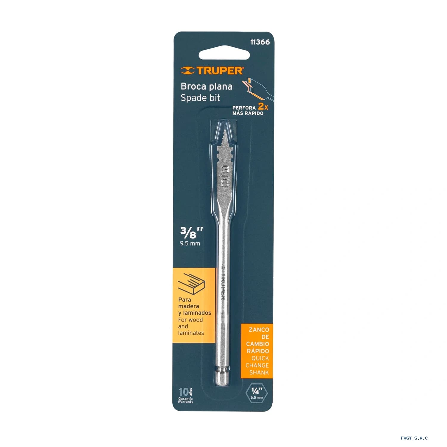 Broca plana de manita 3/8" para madera, Truper 11366