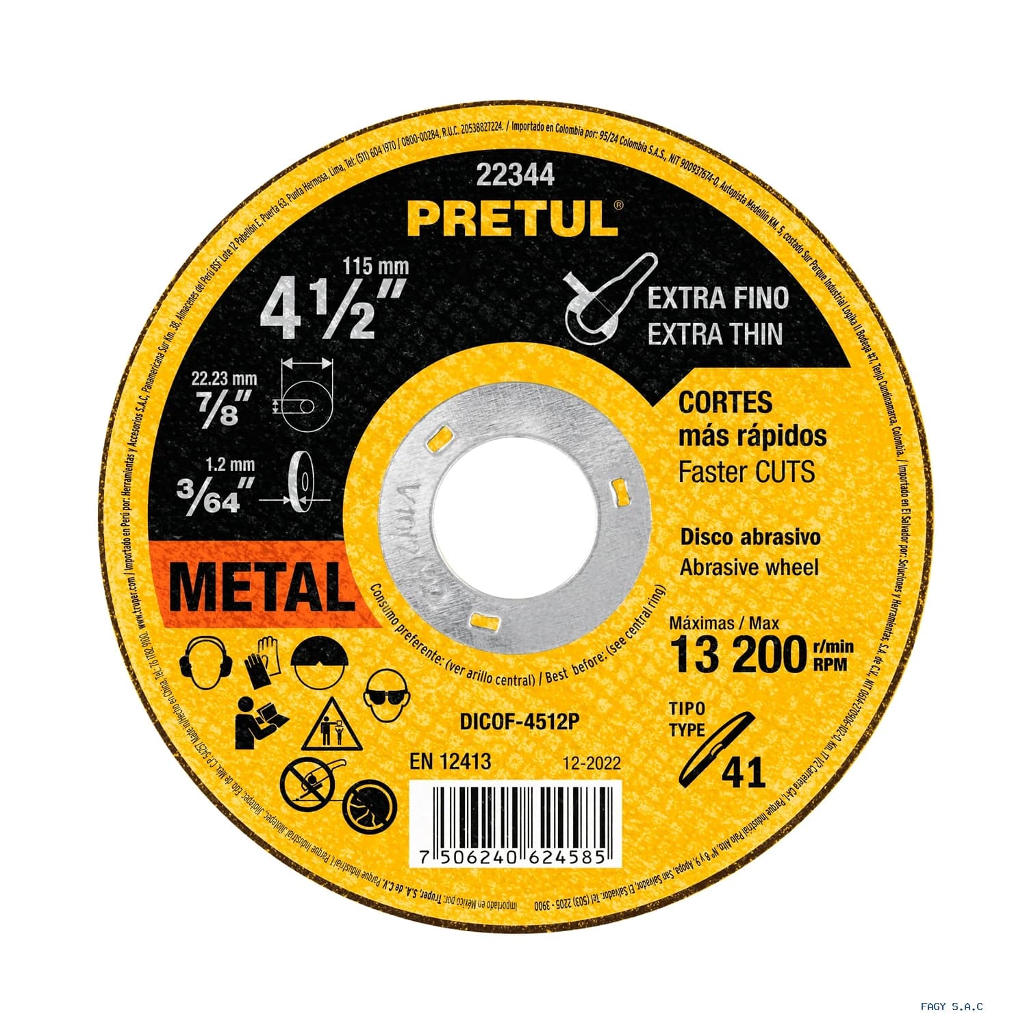 Disco Tipo 41 de 4-1/2" x 1.2 mm corte fino de metal, Pretul 22344 DICOF-4512P