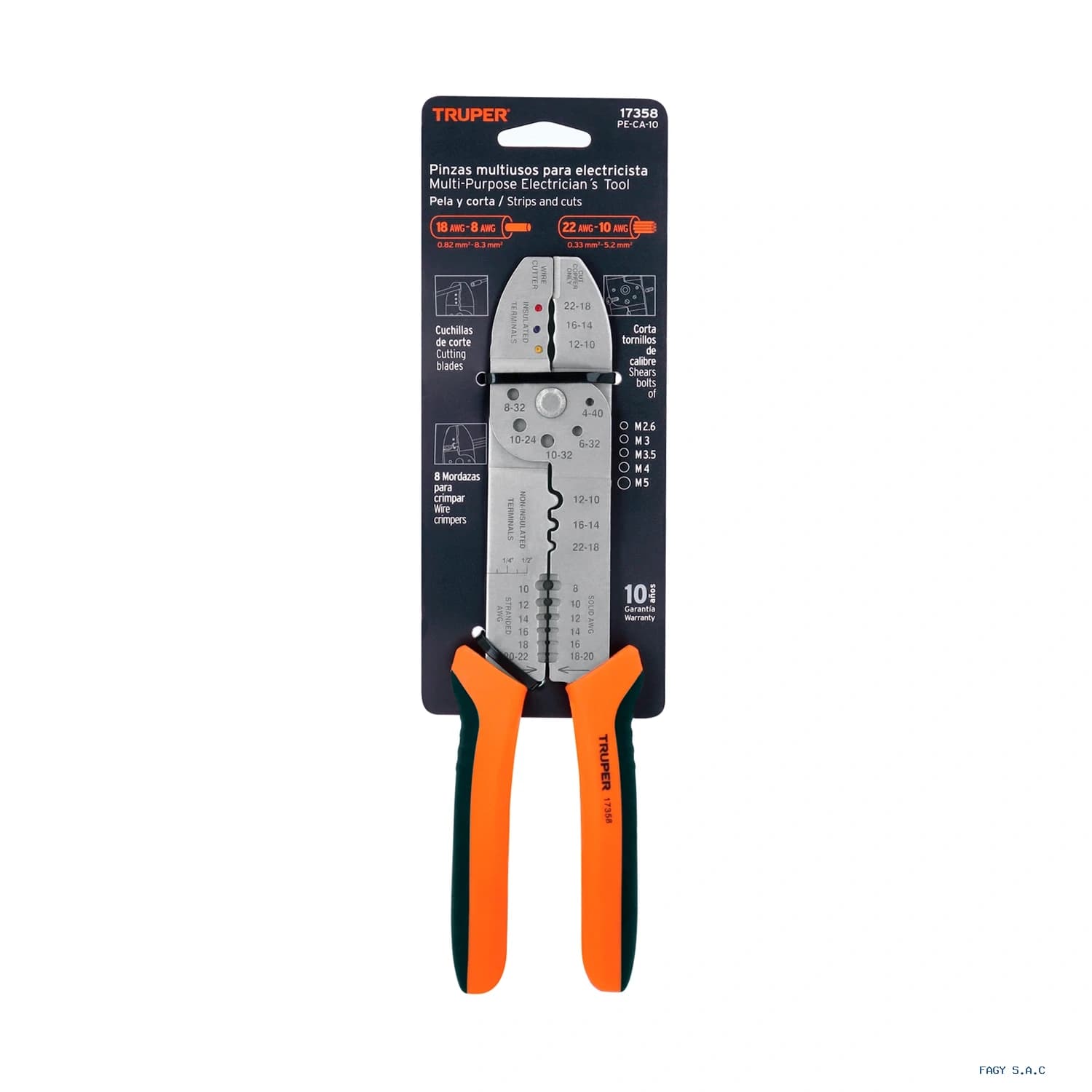 Alicate pinza 10" pela cables, 20 a 10 AWG,TRUPER 17358