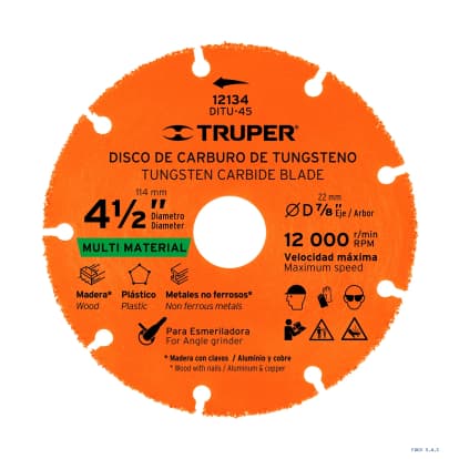 Disco 4-1/2" multimaterial de carburo de tungsteno, TRUPER 12134 DITU-45
