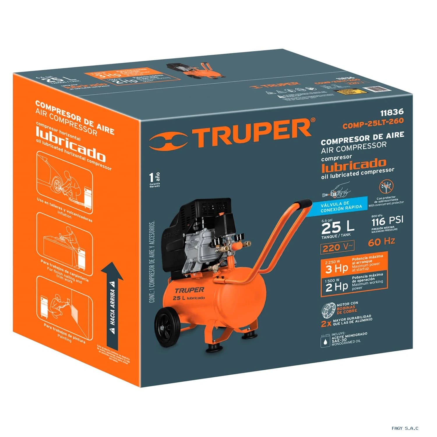 Compresor lubricado de aire, 25 L, 220 V/60 Hz 11836