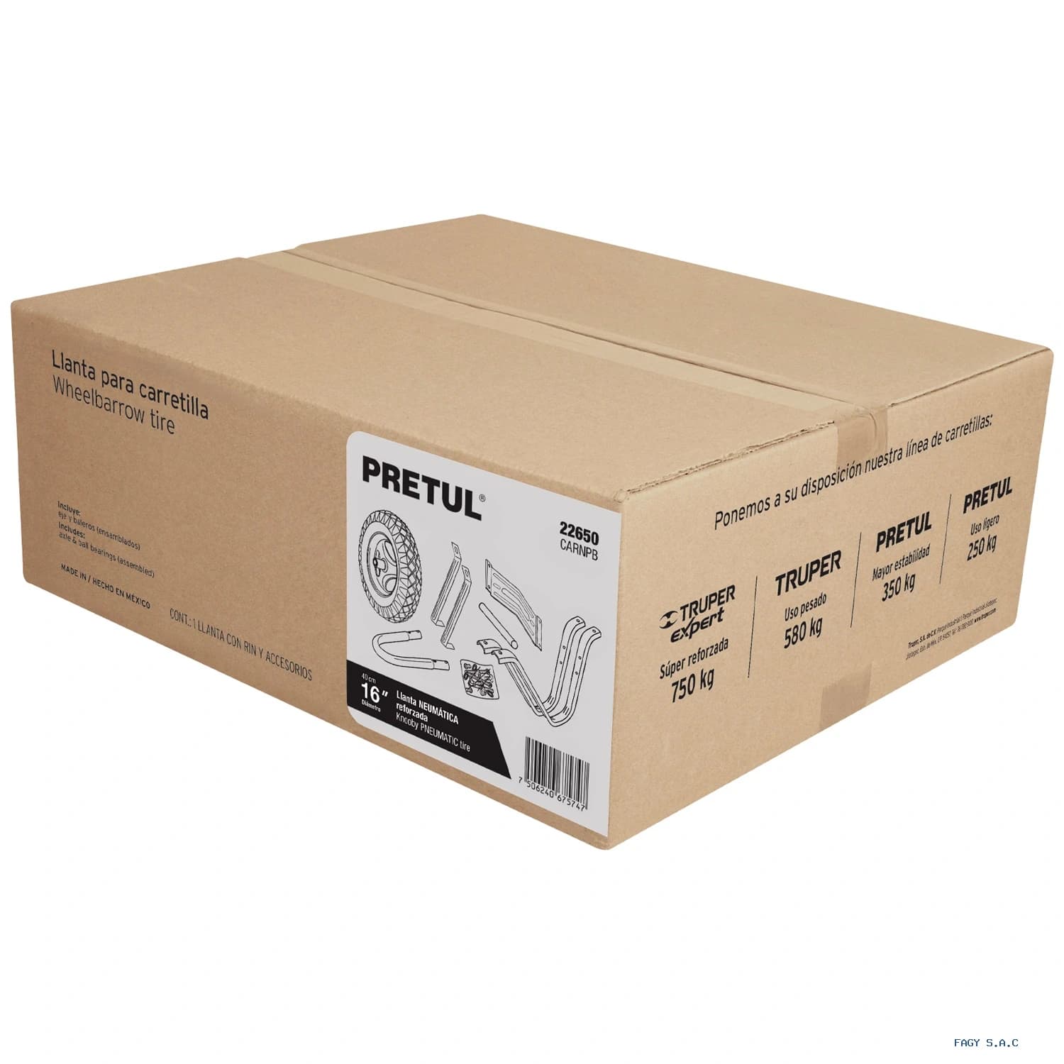 Caja c/llanta neumática y acc. p/carretilla roja Pretul 22650 - Truper