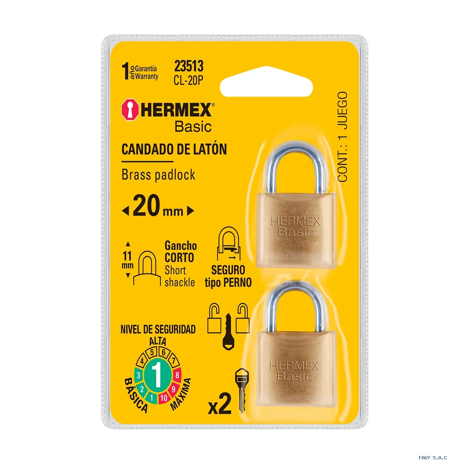 Blíster con 2 candados de latón de 20mm, HERMEX BASIC 23513