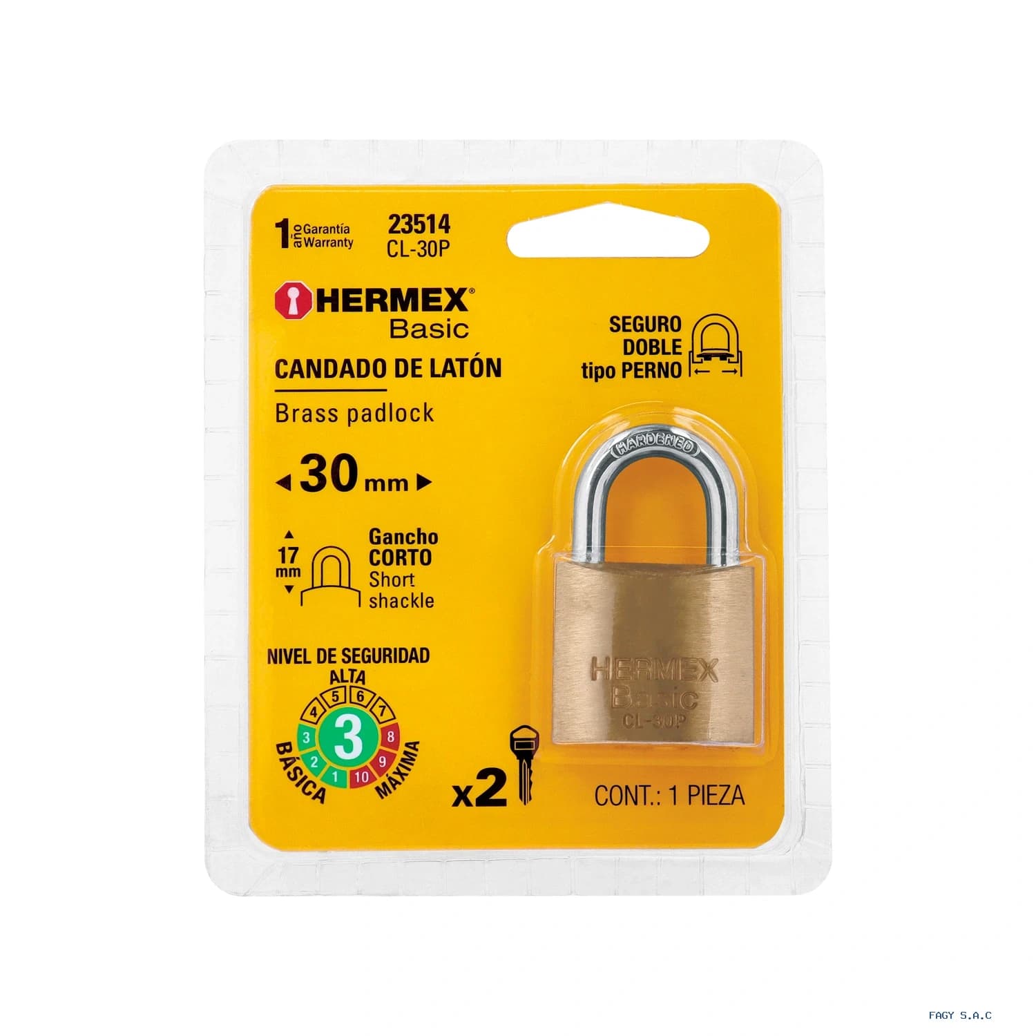 Candado de latón 30 mm gancho corto en blíster, HERMEX BASIC 23514
