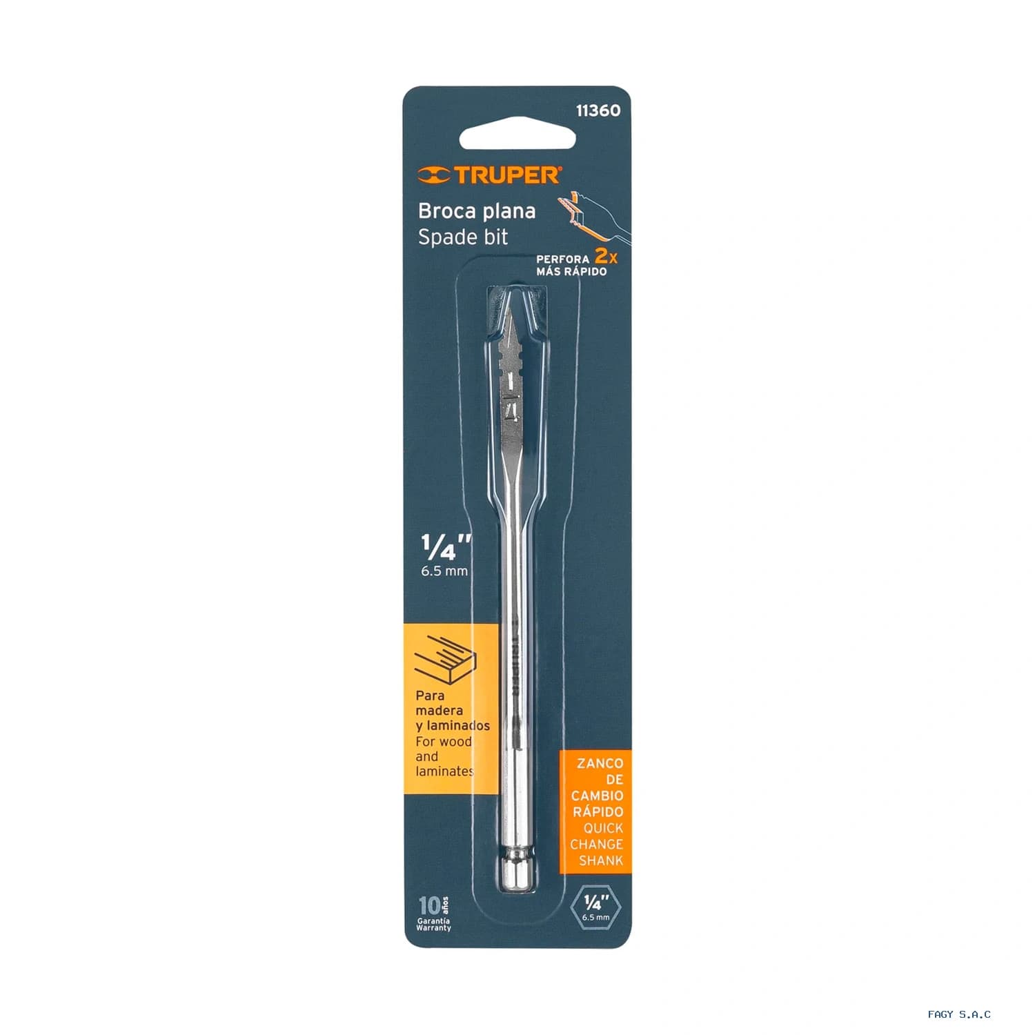 Broca plana de manita 1/4" para madera, Truper 11360