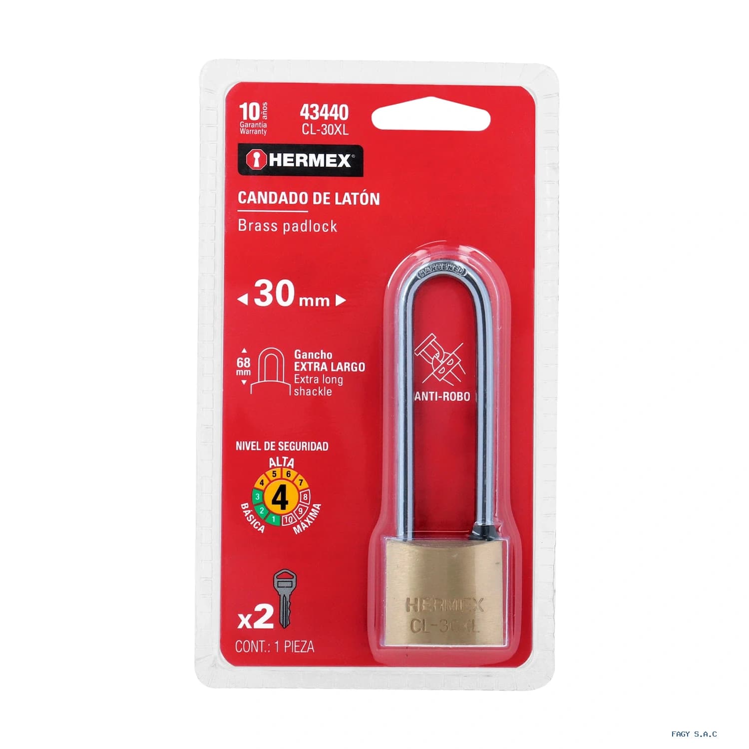 Candado de latón 30 mm gancho extra largo en blíster, HERMEX 43440