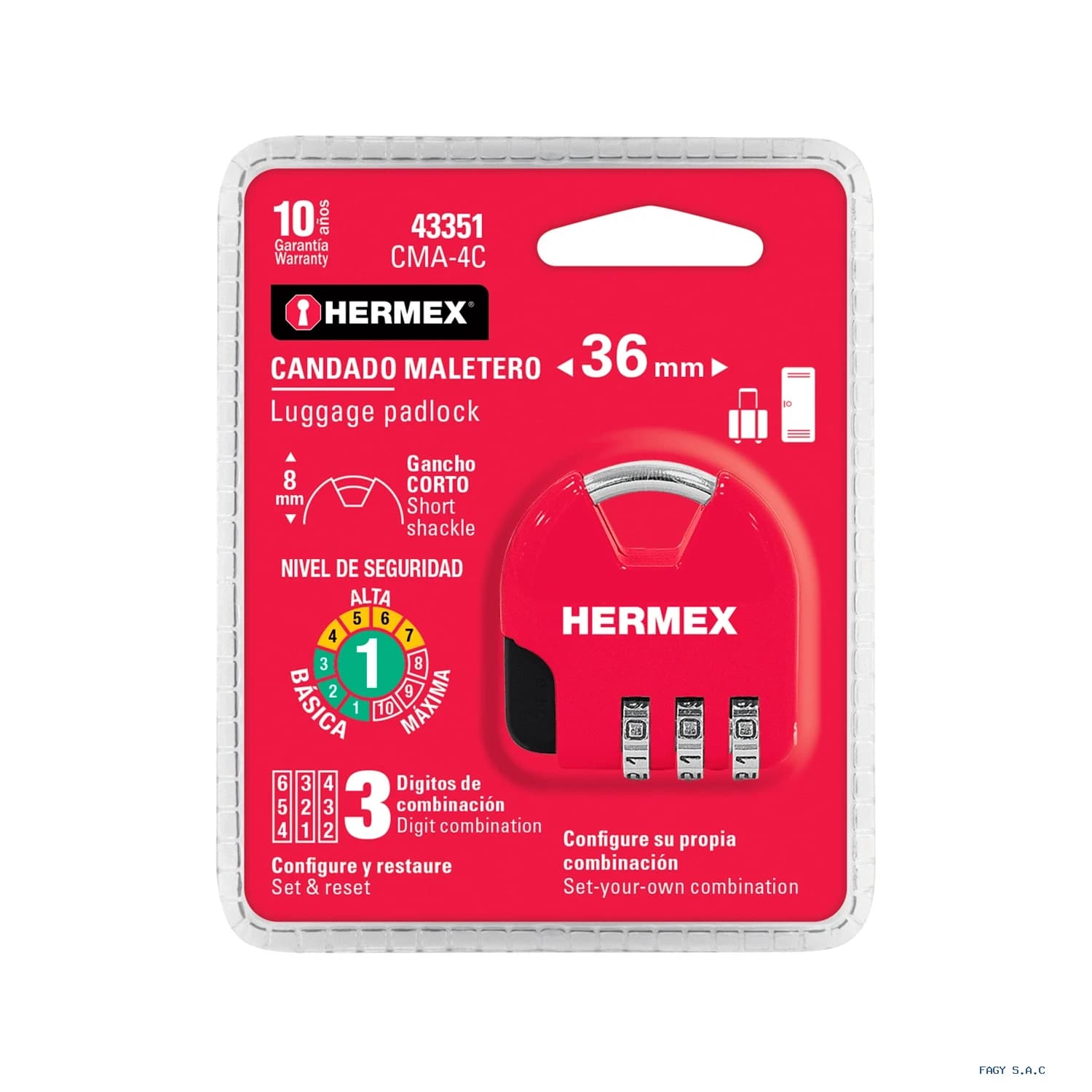 Candado maletero de combinación 36 mm blíster Hermex 43351 - Hermex