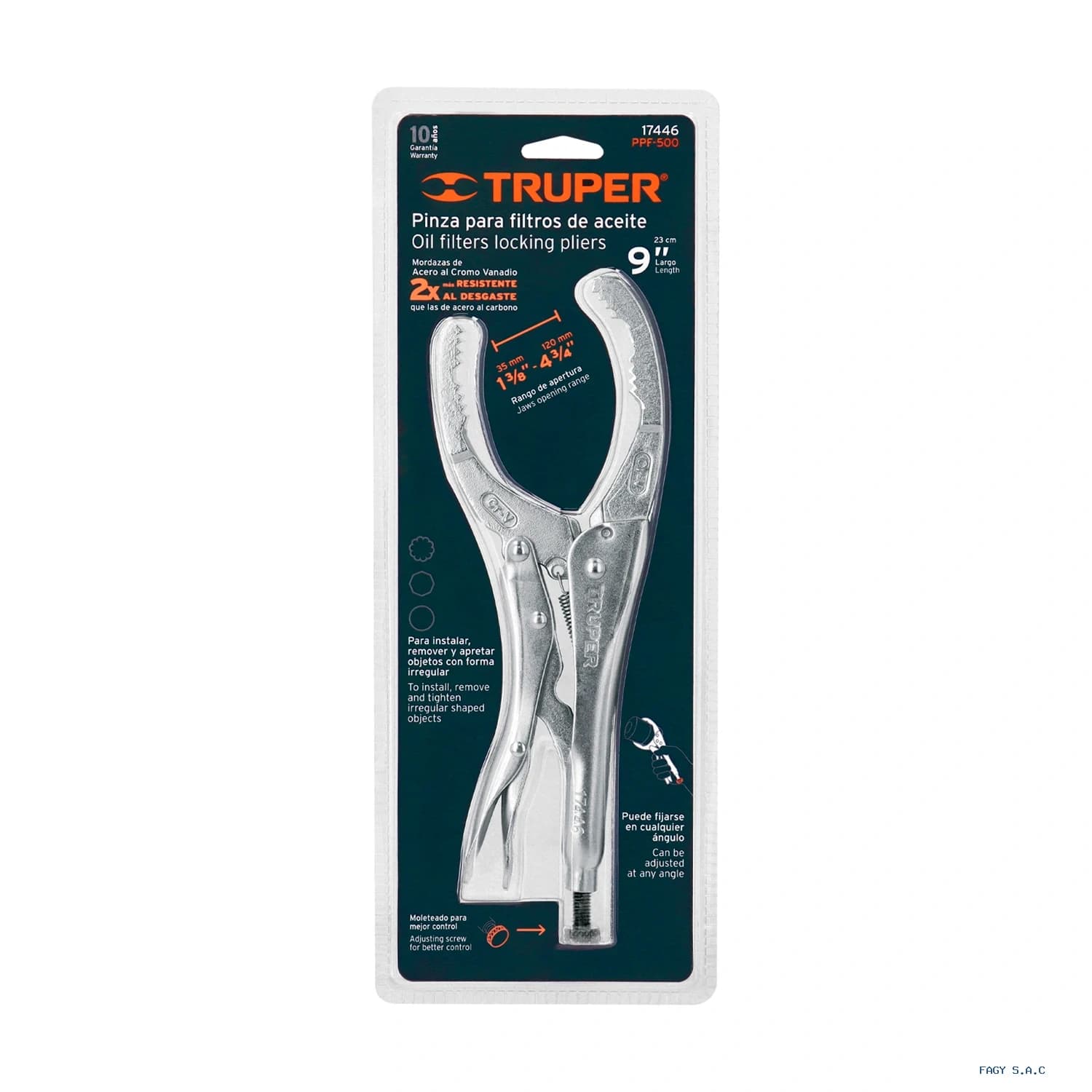 Alicate pinza de presión 9" para filtros de aceite, Truper 17446