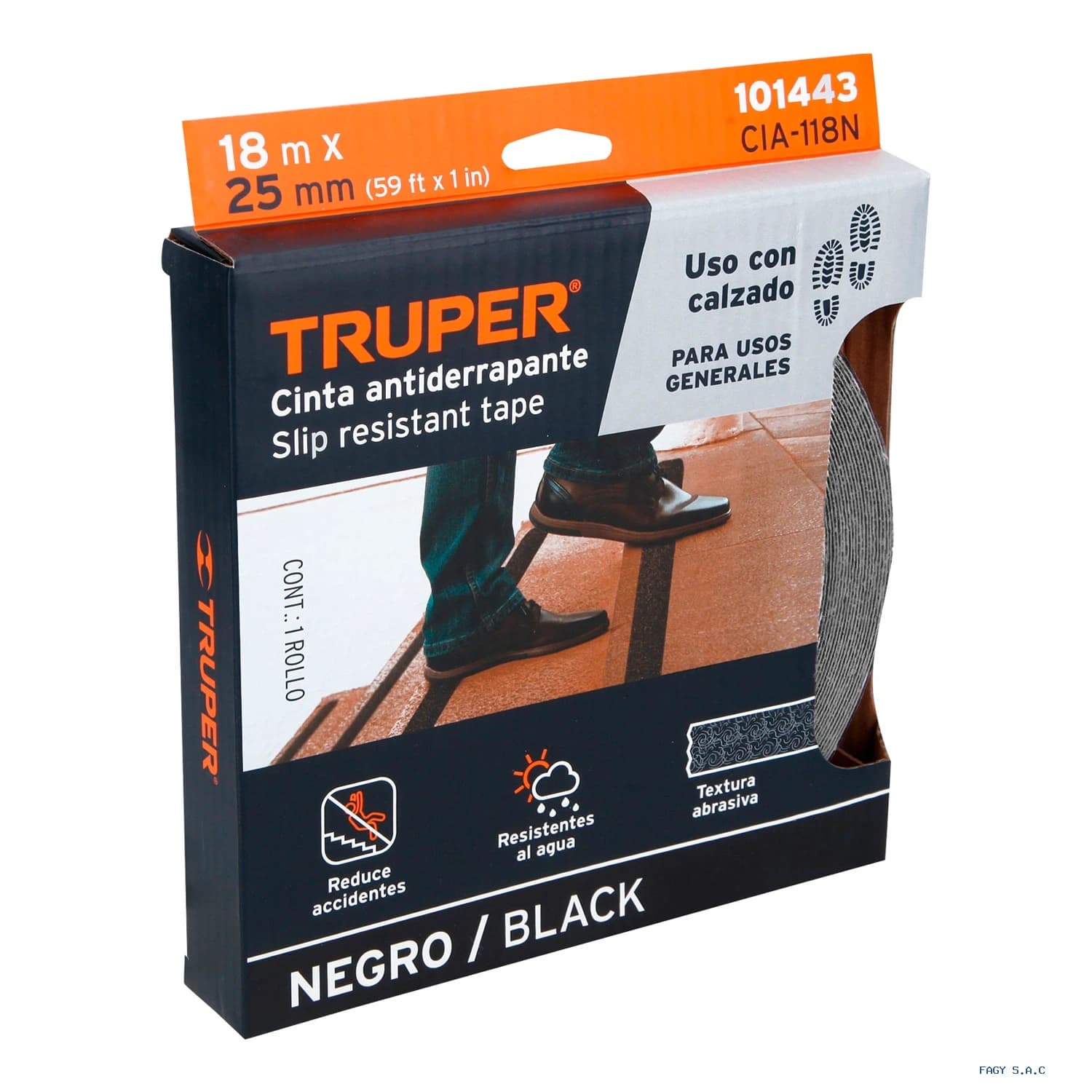Rollo de 18m de cinta antiderrapante negra 25mm con abrasivo 101443