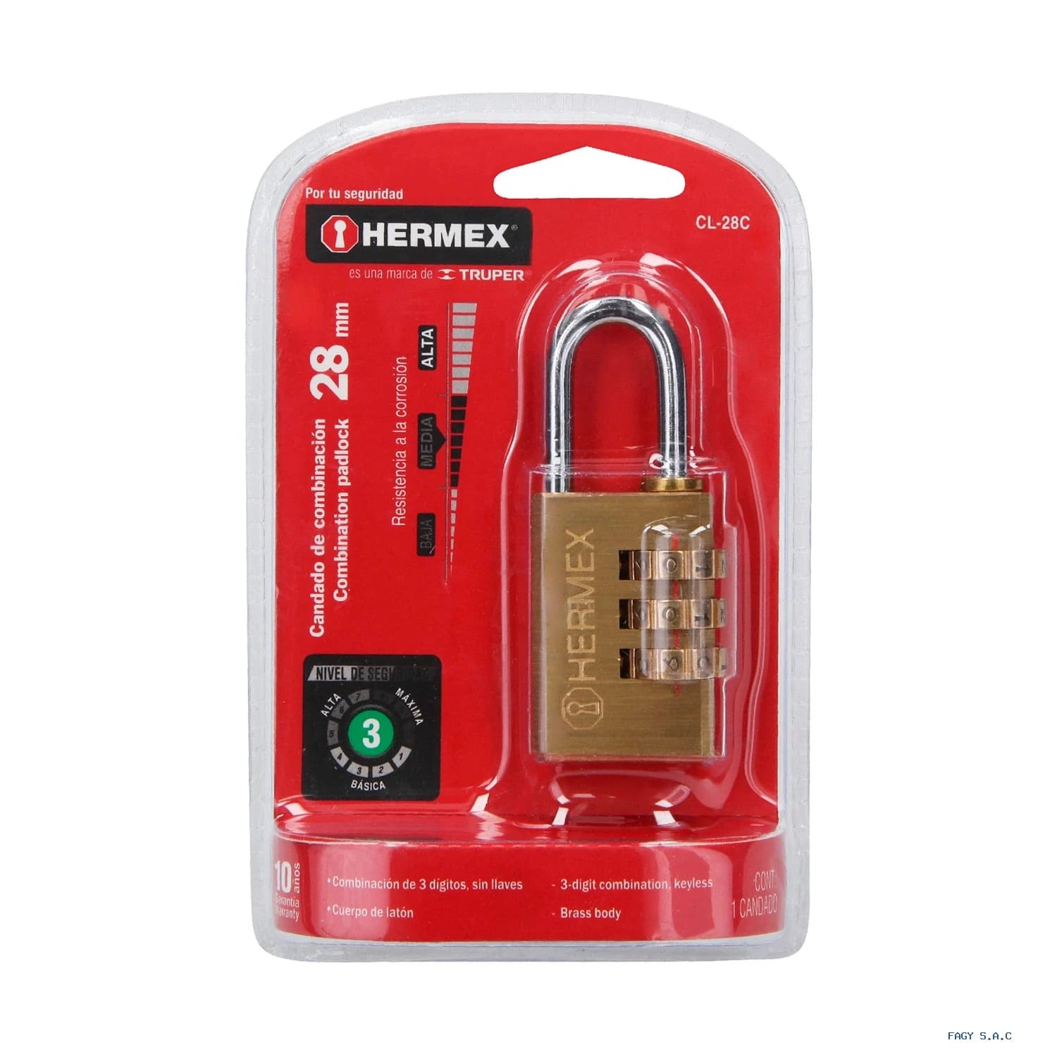 Candado de combinación 28 mm cuerpo de latón en blíster 43347 - Hermex