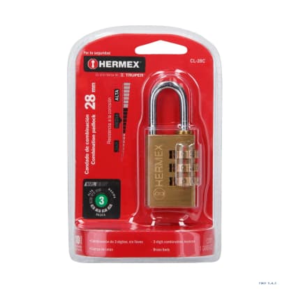Candado de combinación 28 mm cuerpo de latón en blíster 43347 - Hermex