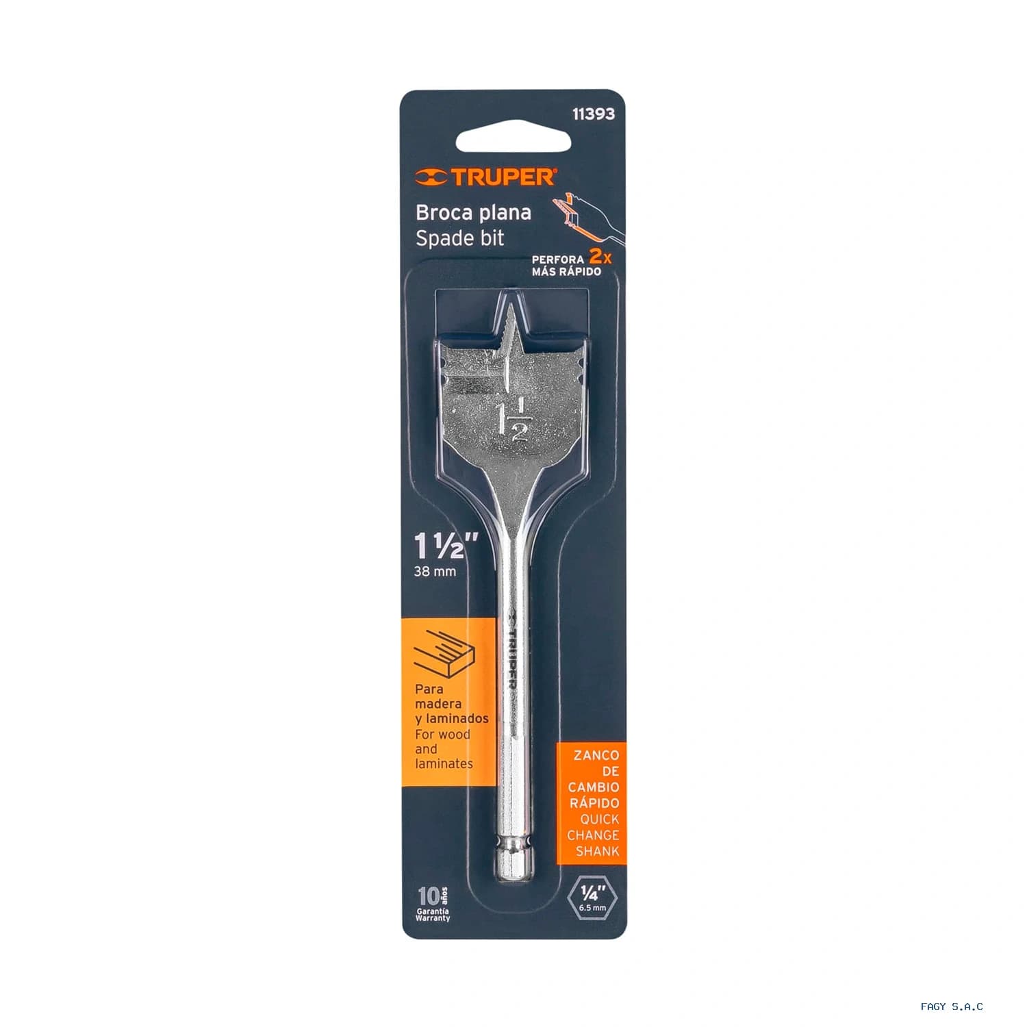 Broca plana de manita 1-1/2" para madera, Truper 11393