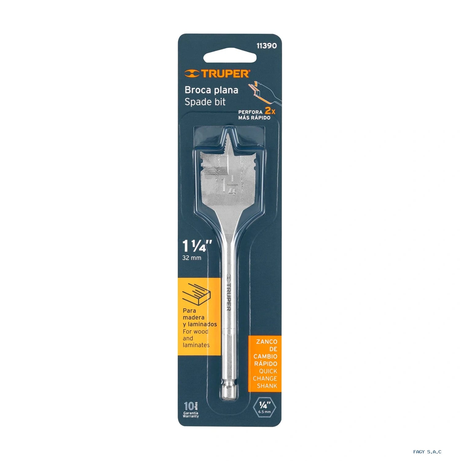 Broca plana de manita 1-1/4" para madera, Truper 11390