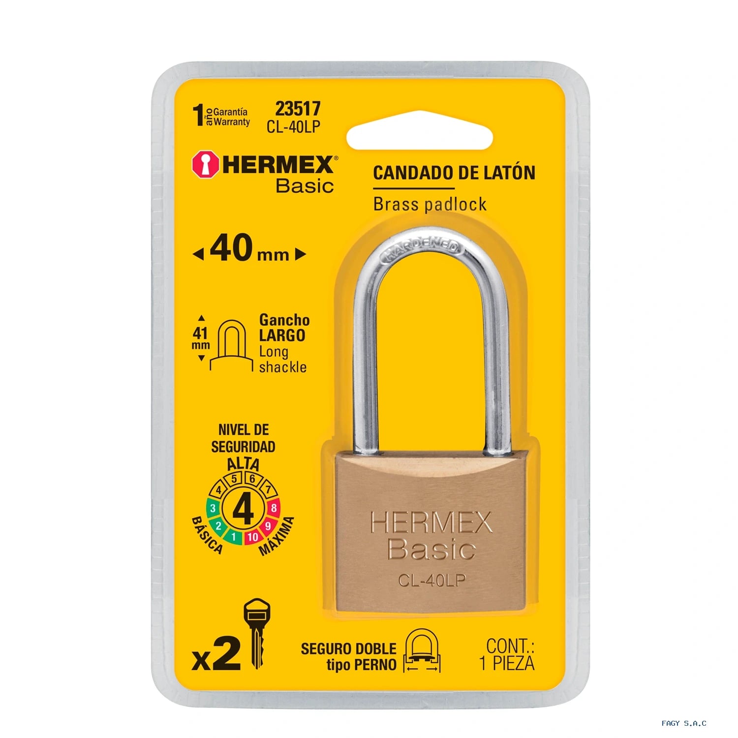 Candado de latón 40 mm gancho largo en blíster, HERMEX BASIC 23517