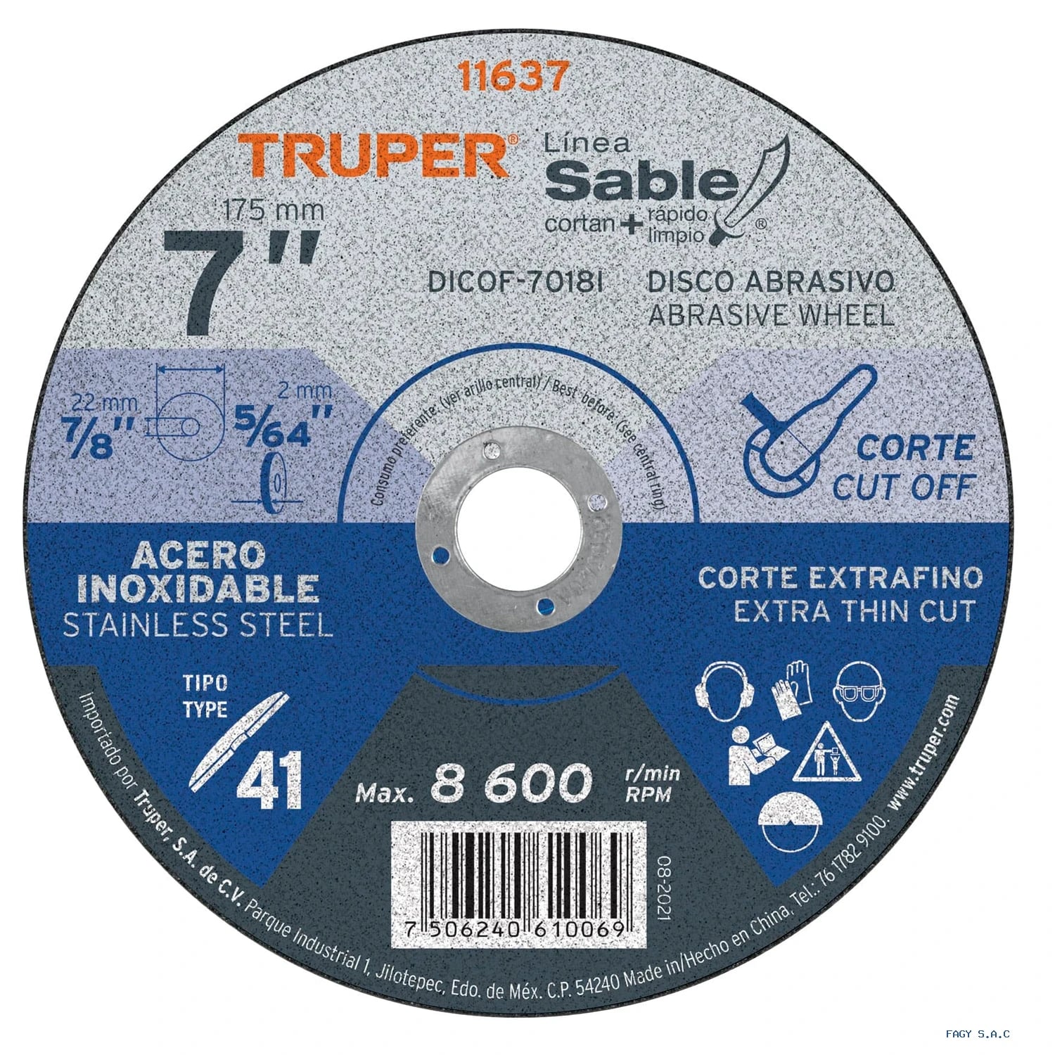 Disco Tipo 41 de 7" x 1.8 mm corte fino  acero inox,  Sable  11637  DICOF-7018I