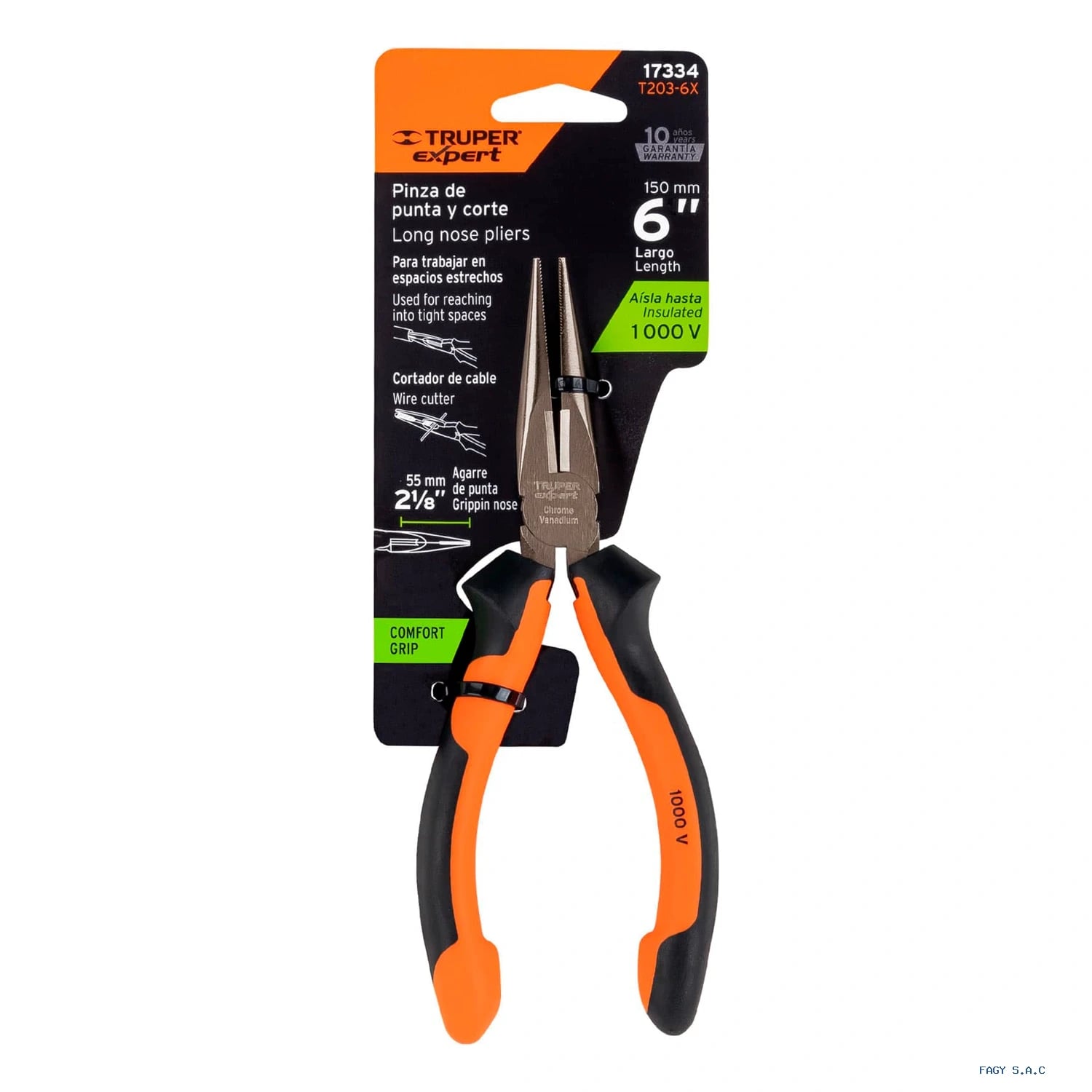 Alicate pinza punta y corte 6" mango Comfort Grip, Truper Expert 17334