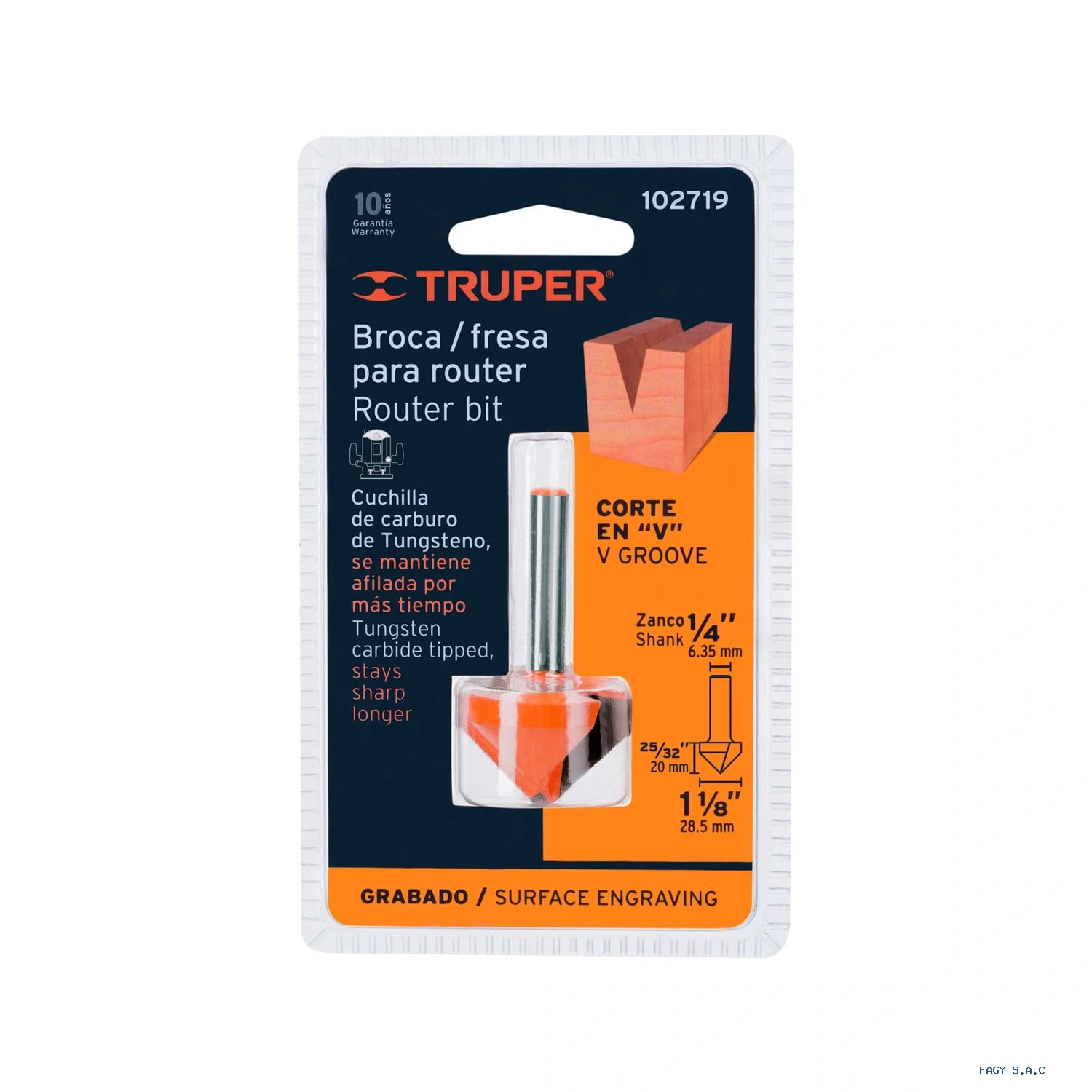 Broca para router, corte en "V", 1-1/8", Truper 102719