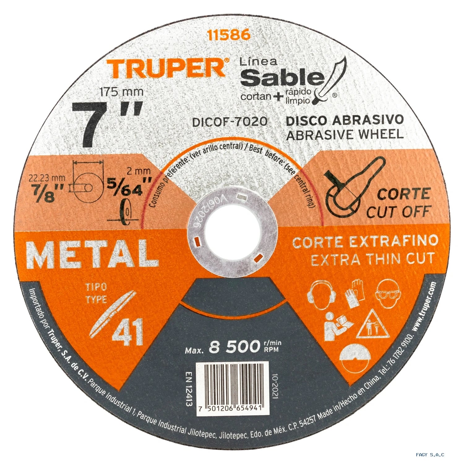 Disco Tipo 41 de 7" x 2 mm corte fino de  metal, Sable 11586  DICOF-7020
