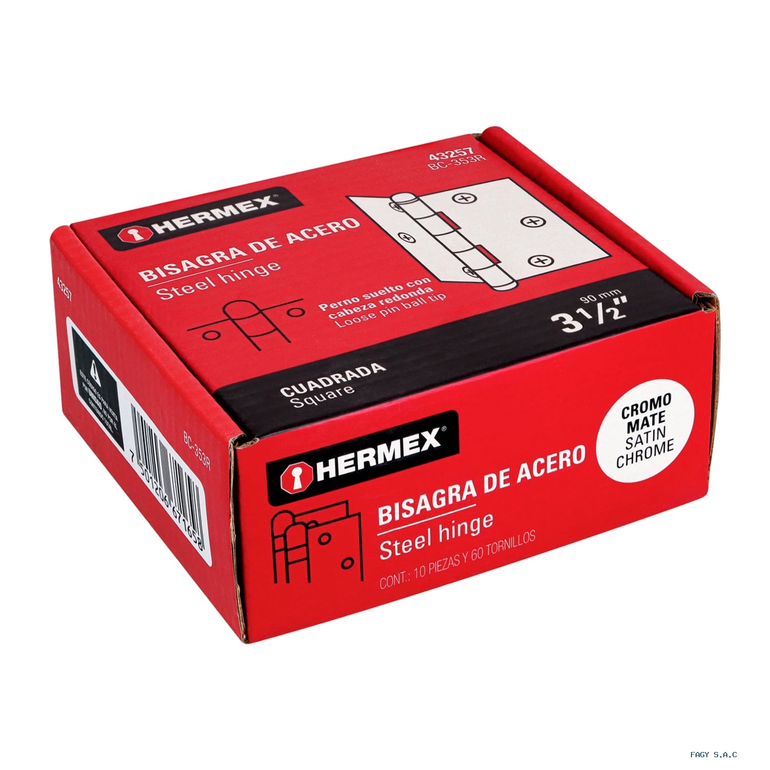 Bisagra cuadrada 3-1/2", satinado, cabeza redonda, HERMEX 43257
