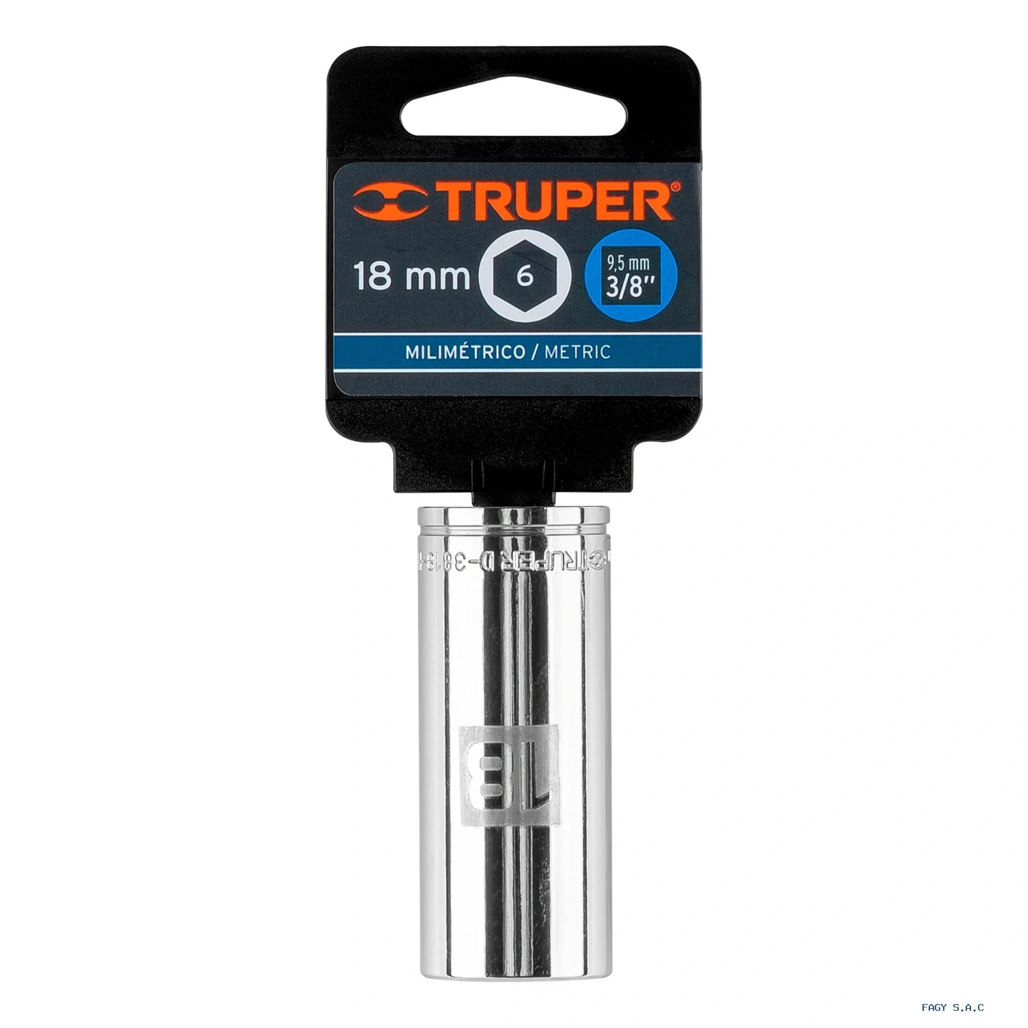 Dado largo de 18 mm, 6 puntas, cuadro 3/8", Truper 13778