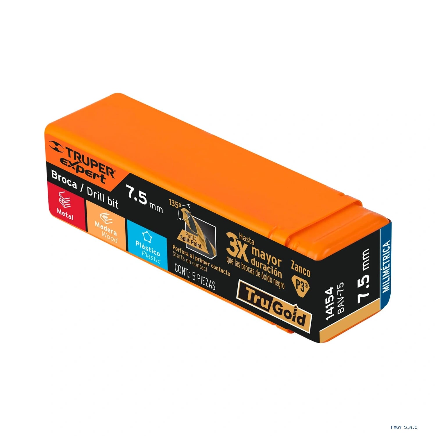 Broca HSS 7.5 mm Trugold para metal, Truper Expert 14154
