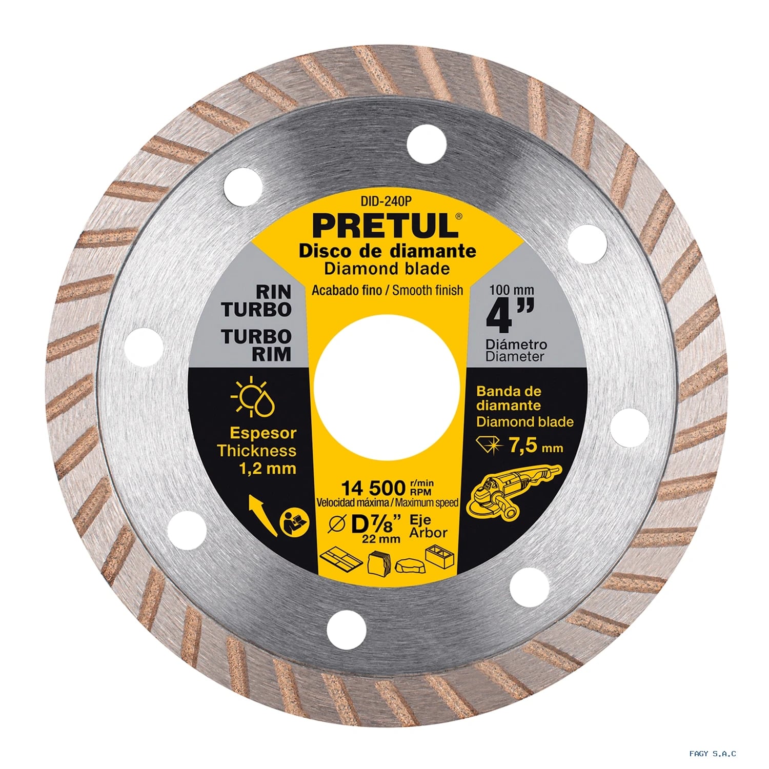 Disco de diamante de 4" x 1.2 mm, rin  turbo, PRETUL 27016 DID-240P