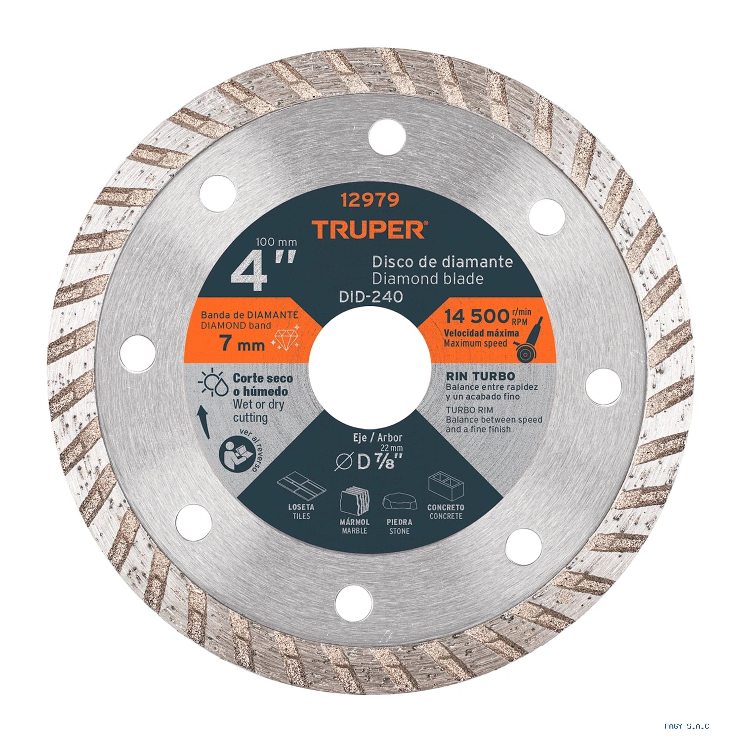 Disco de diamante de 4" x 2.2 mm, rin  turbo, TRUPER 12979 DID-240