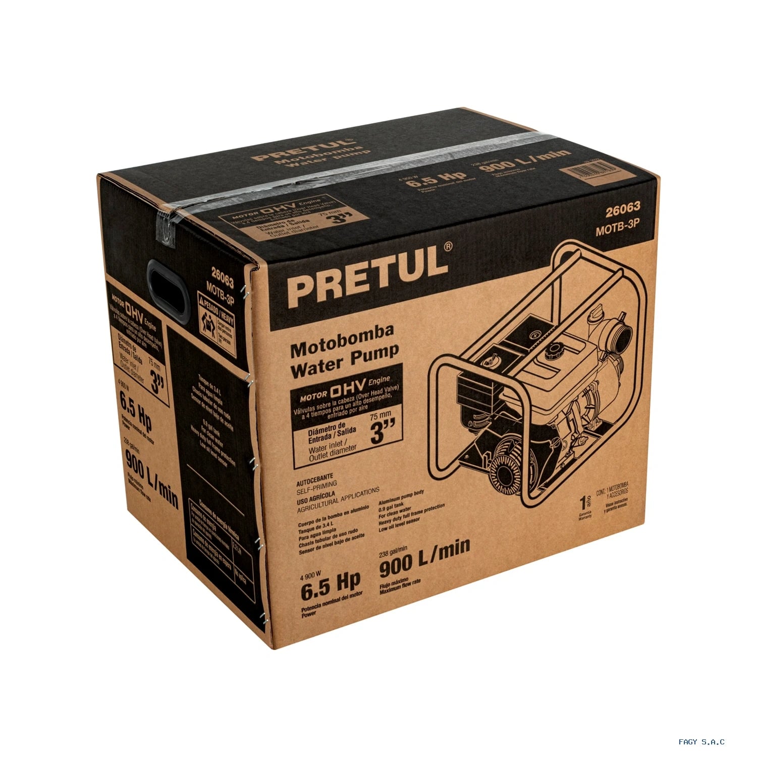 Motobomba autocebante 3"x3", gas. 6-1/2HP, agrícola, PRETUL 26063