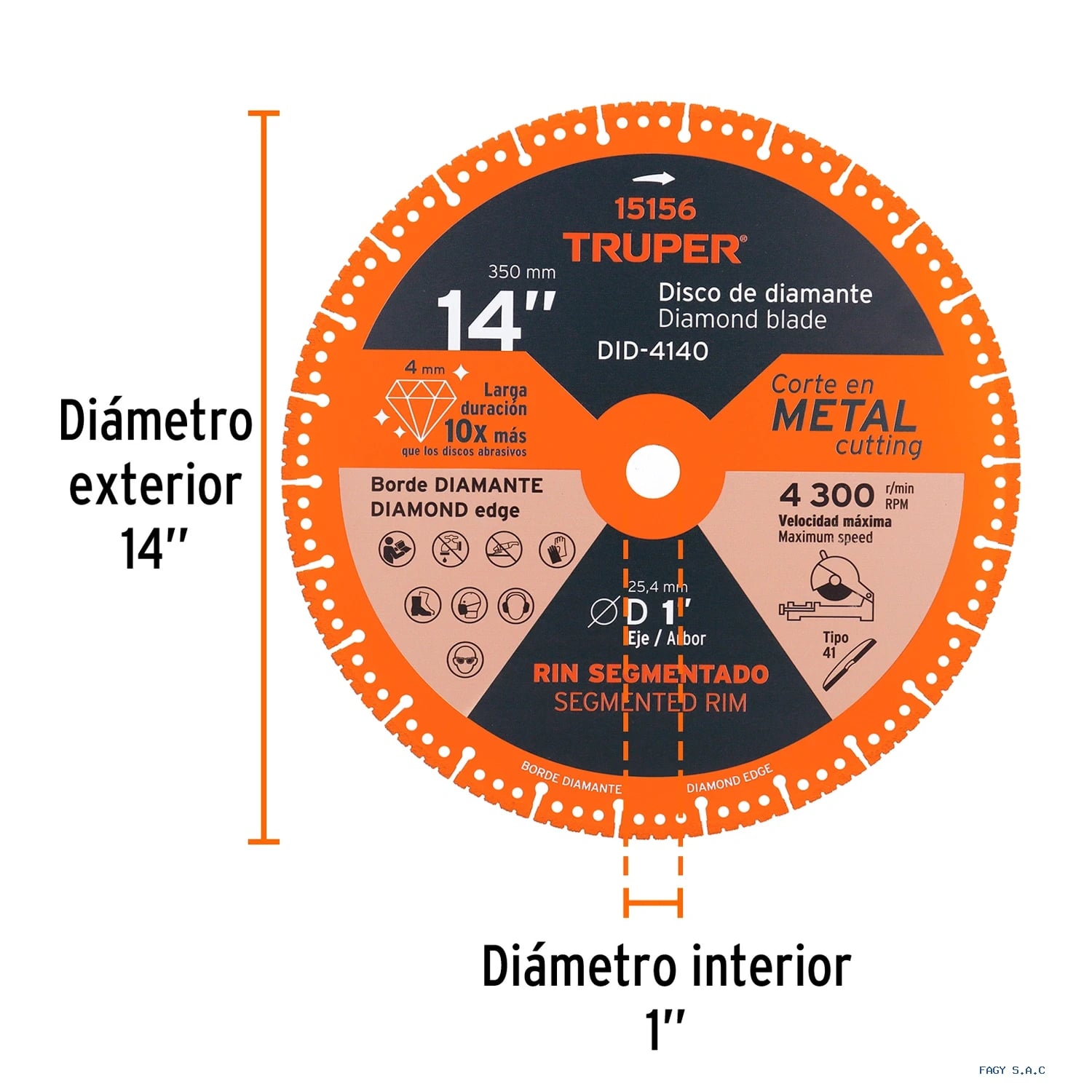 Disco de diamante de 14" x 4 mm, corte de metal, TRUPER 15156