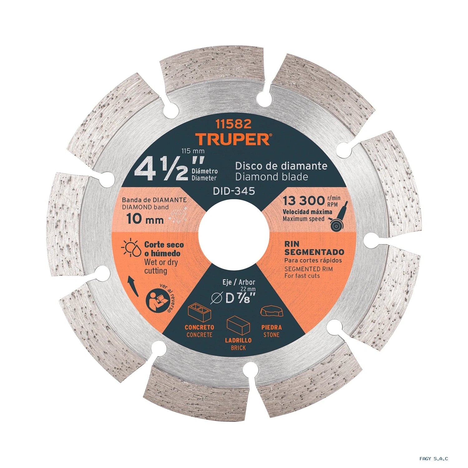 Disco de diamante de 4-1/2" x 2.1 mm,  rin segmentado, TRUPER 11582 DID-345