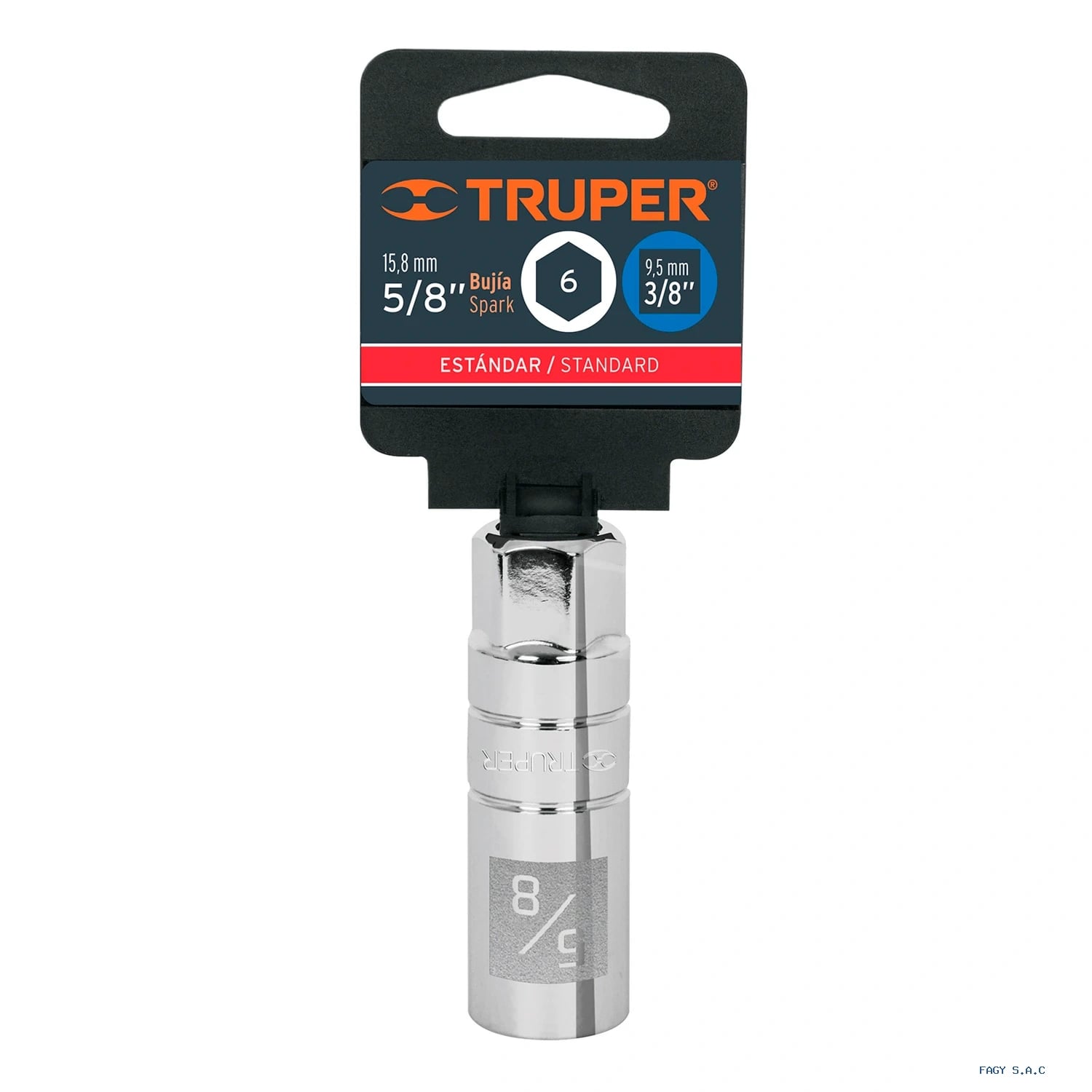 Dado para bujías de 5/8", 6 puntas, cuadro 3/8", Truper 13655