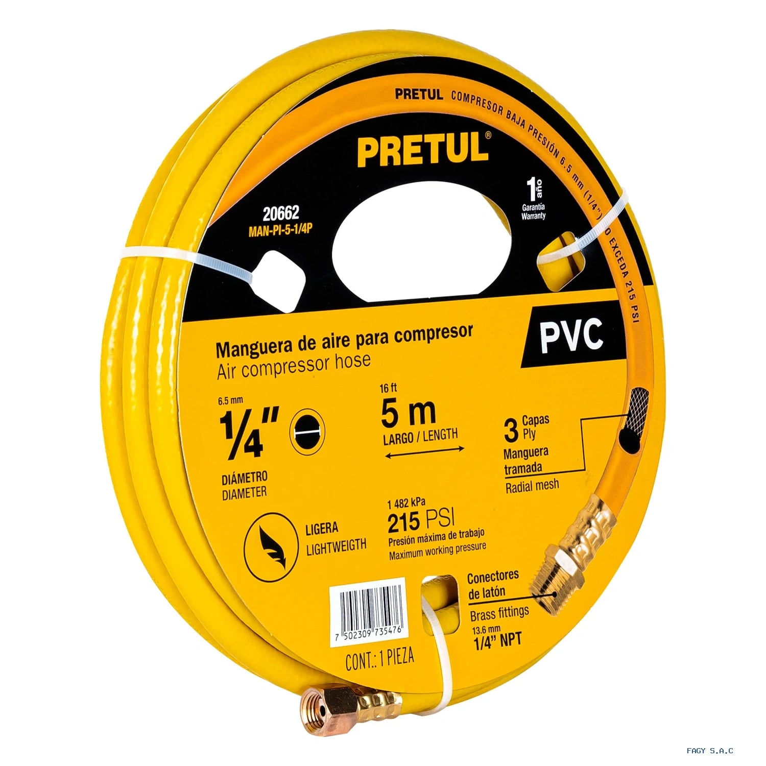 Manguera para compresor, de PVC, 5m x 1/4", Pretul 20662