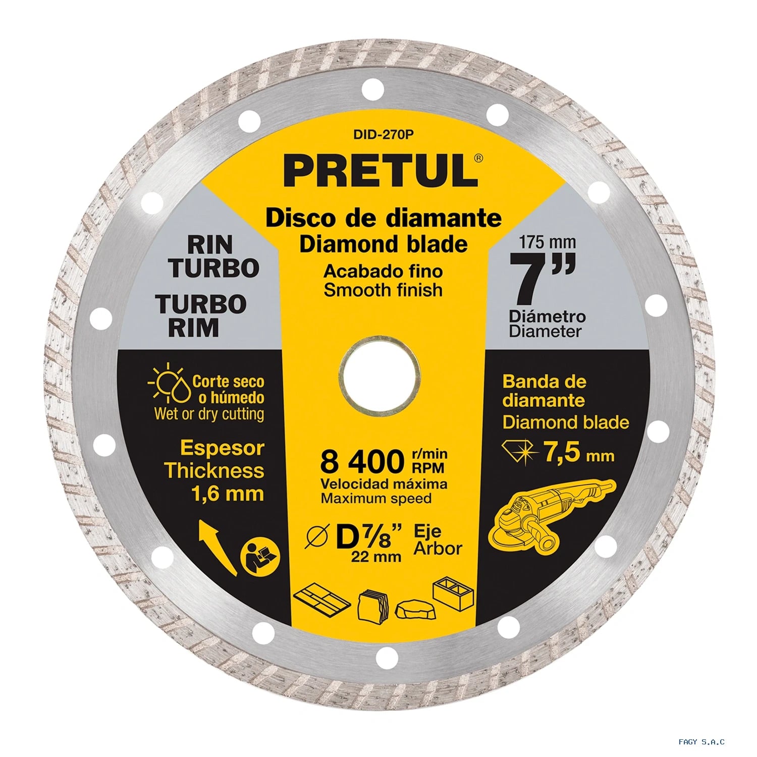 Disco de diamante de 7" x 1.6 mm, rin  turbo, PRETUL 27018 DID-270P