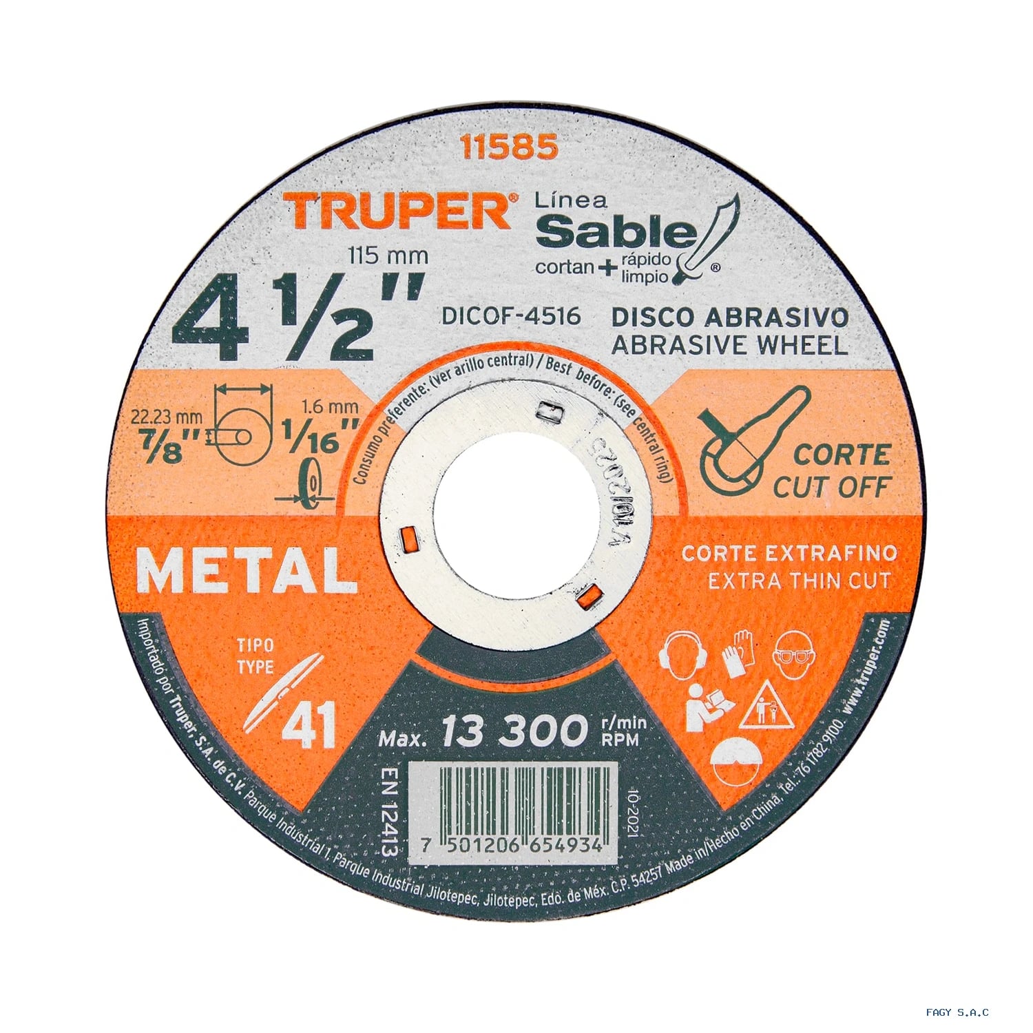 Disco Tipo 41 de 4-1/2" x 1.6 mm corte  fino de metal, Sable  11585   DICOF-4516