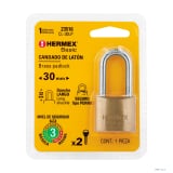 Candado de latón 30 mm gancho largo en blíster, HERMEX BASIC 23516