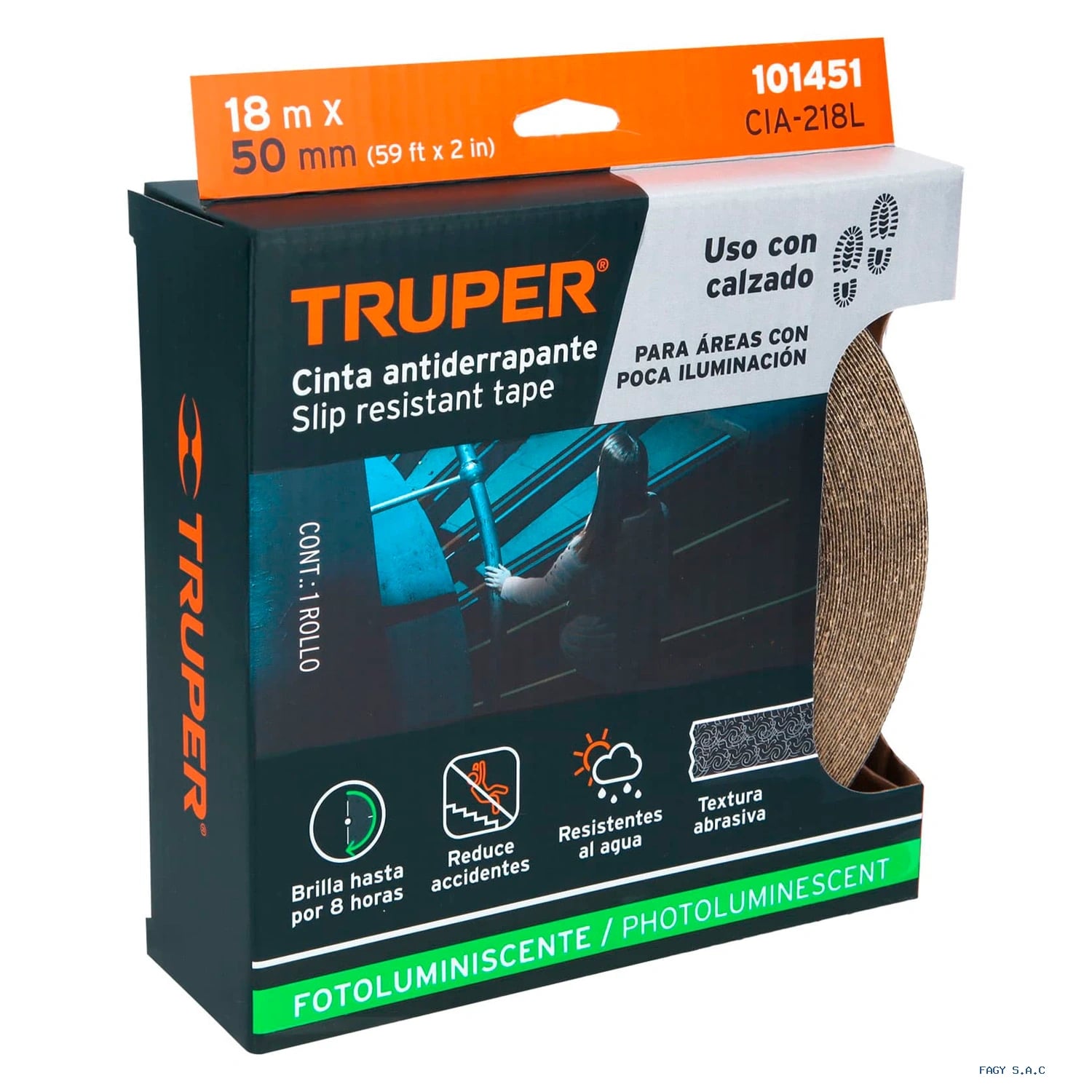 Rollo de 18m cinta antiderrapante fotolumini. 50 mm abrasivo 101451