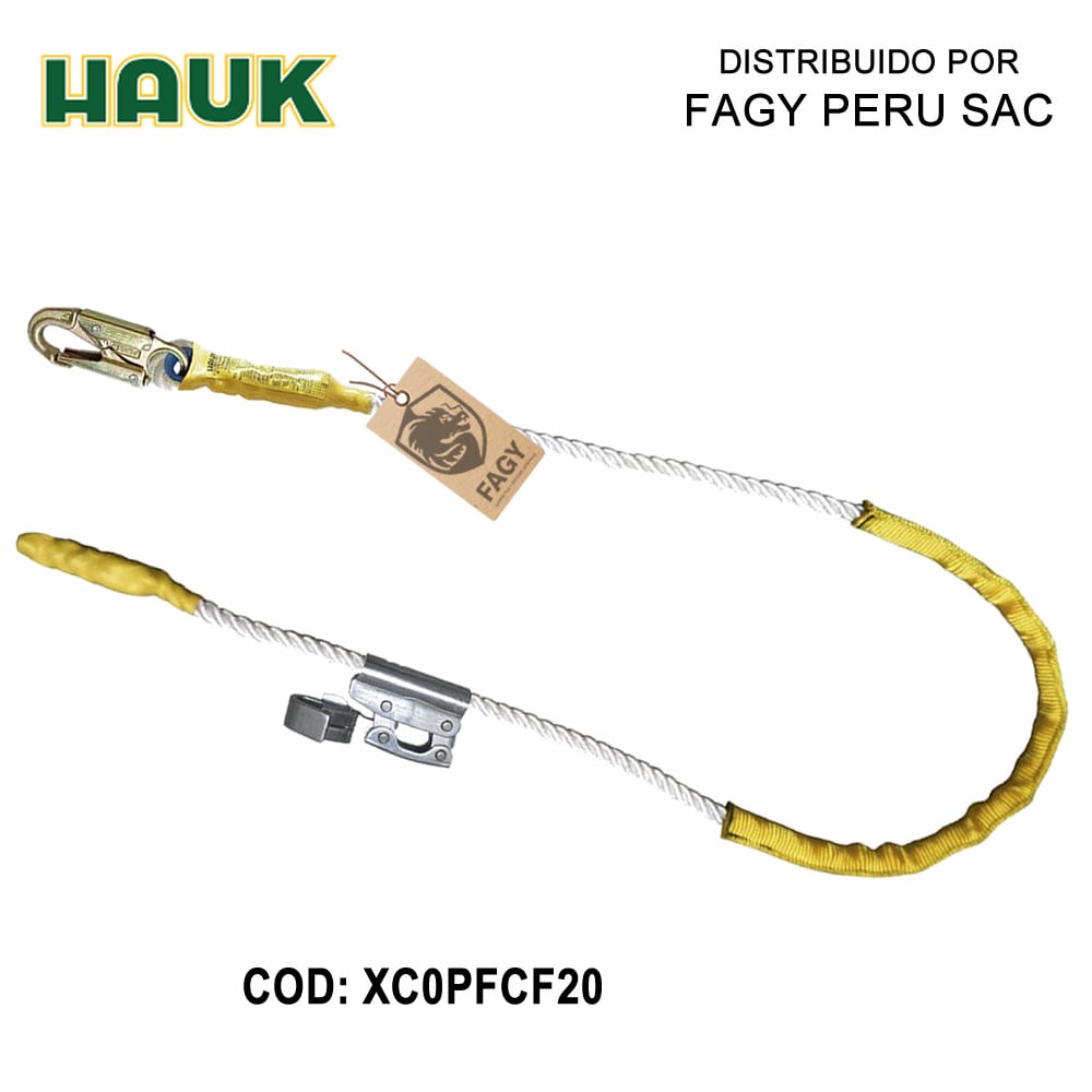 Línea de conexión,2.00 m cabo 5/8 nylon,1 gancho 3/4″, muñón y freno fijo de cuerda HAUK XC0PFCF20