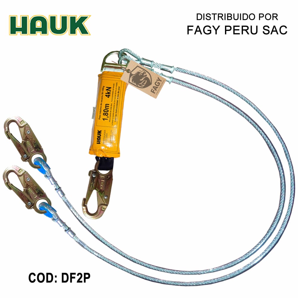 Línea conexión doble 1.8m cable acero 1/4″ amortiguador 3 ganchos 3/4″ HAUK DF2P