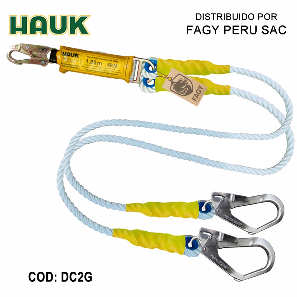 Línea conexion doble 1.8m cabo poliamida 5/8″ amort 1 gancho 3/4″ 2 ganchos 2¼” HAUK DC2G