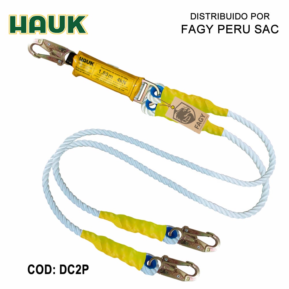 Línea conexión doble 1.8m cabo poliamida 5/8″ amortiguador 3 ganchos 3/4″ HAUK DC2P