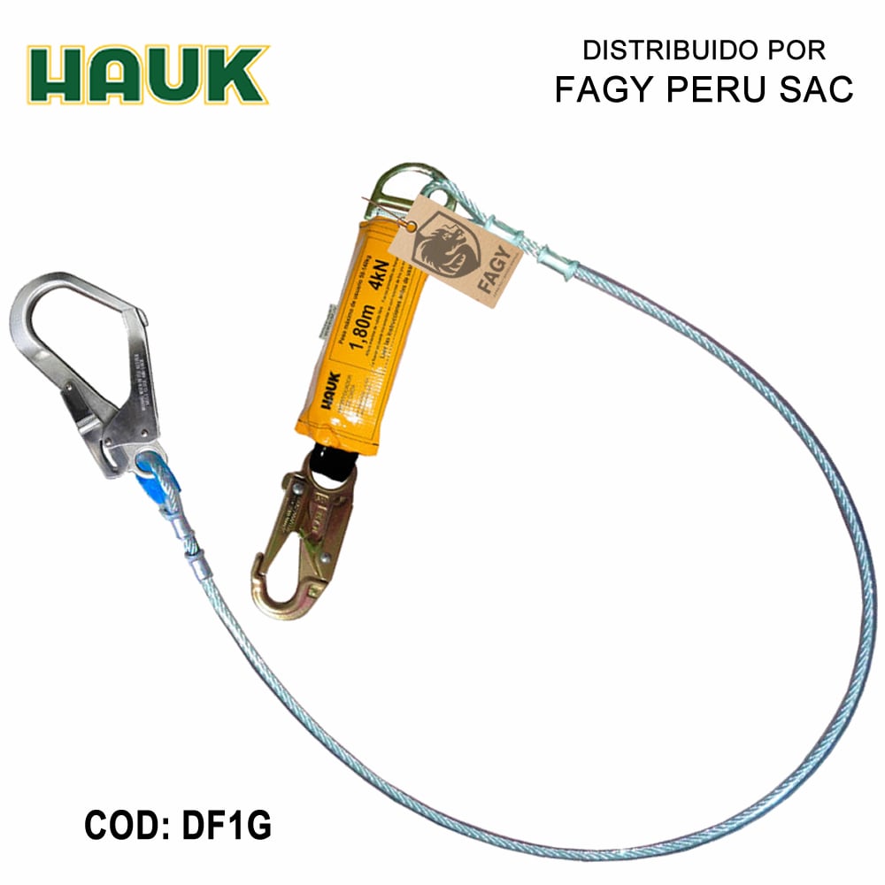 Línea conexión 1.8m cable acero 1/4″ amortiguador 1 gancho 3/4″ 1 gancho 2¼” HAUK DF1G