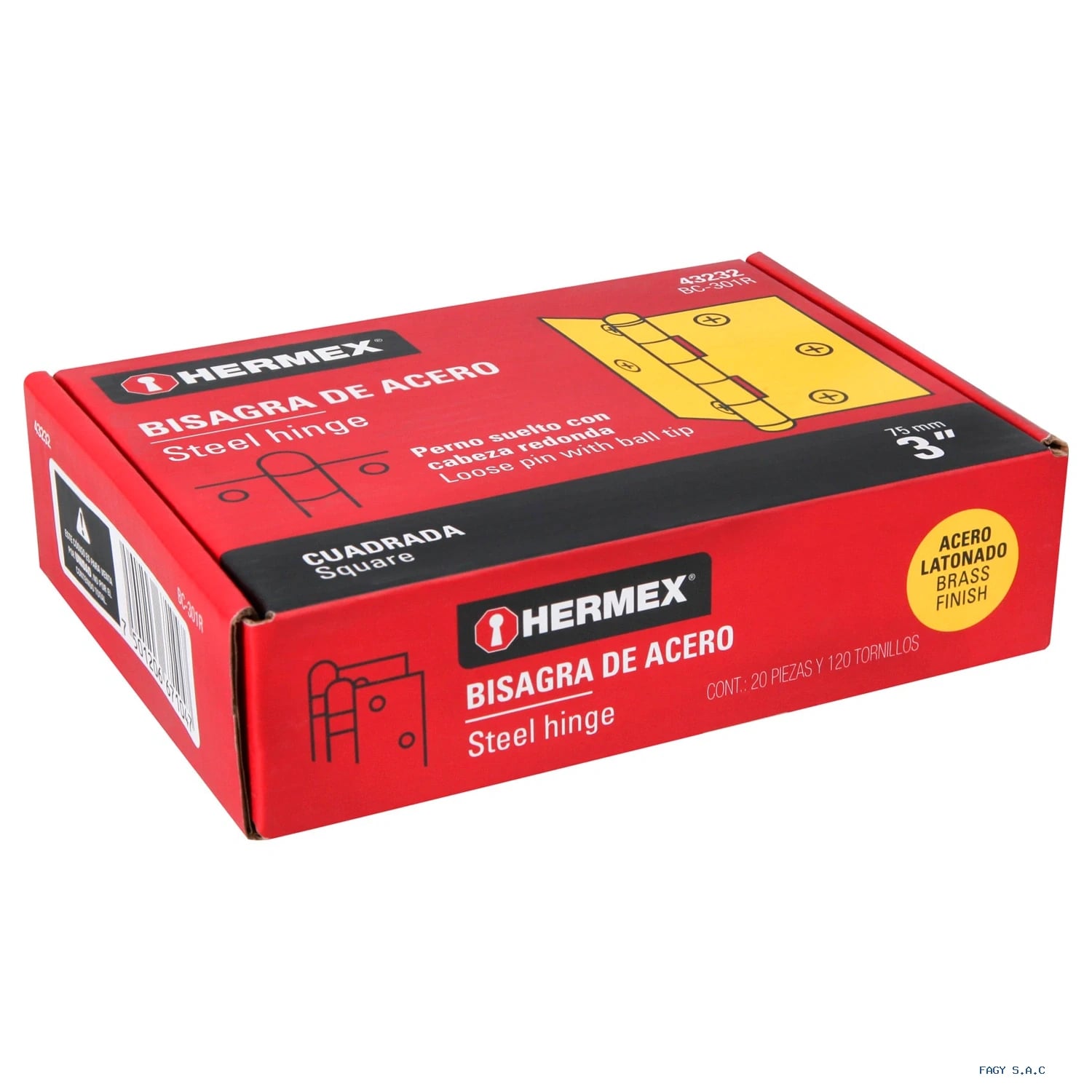 Bisagra cuadrada 3", latonado, cabeza redonda, HERMEX 43232