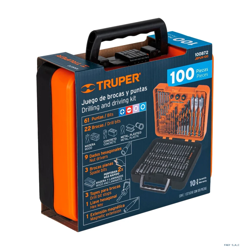 Juego de 100 brocas y puntas en estuche plástico, Truper 100872